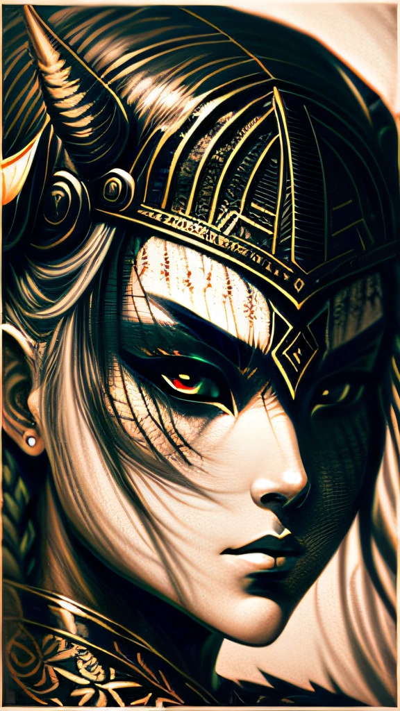 A strong close-up of a Viking female warrior，She has a glare、glowing light eyes，It was pitch black darkness all around。Her horned helmet gave him an imposing silhouette。The female warrior had a deep angry expression on her face，Testament to her ferocity in battle。The background is filled with inky black spinning tendrils，Reminiscent of the power of ancient mythology。The atmosphere is intense，Hints at the mythical power surrounding female warriors。The image combines high detail with an artistic touch，Create a captivating visual experience。artwork of a，Ink on parchment