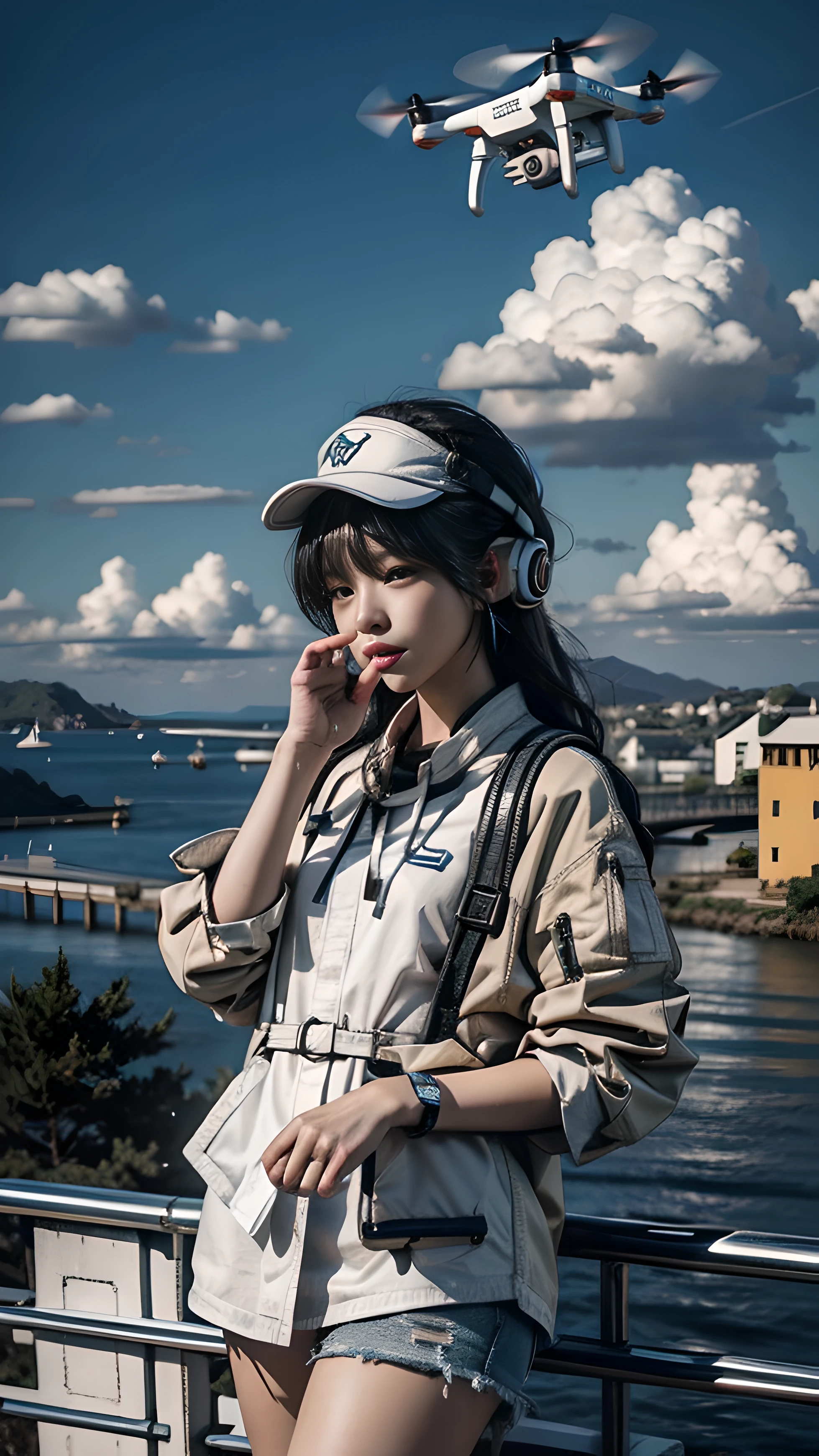 High-quality graphics, Aerial view of the DJI drone, The scenery is incredible, Elegant female model, Charming gesture。