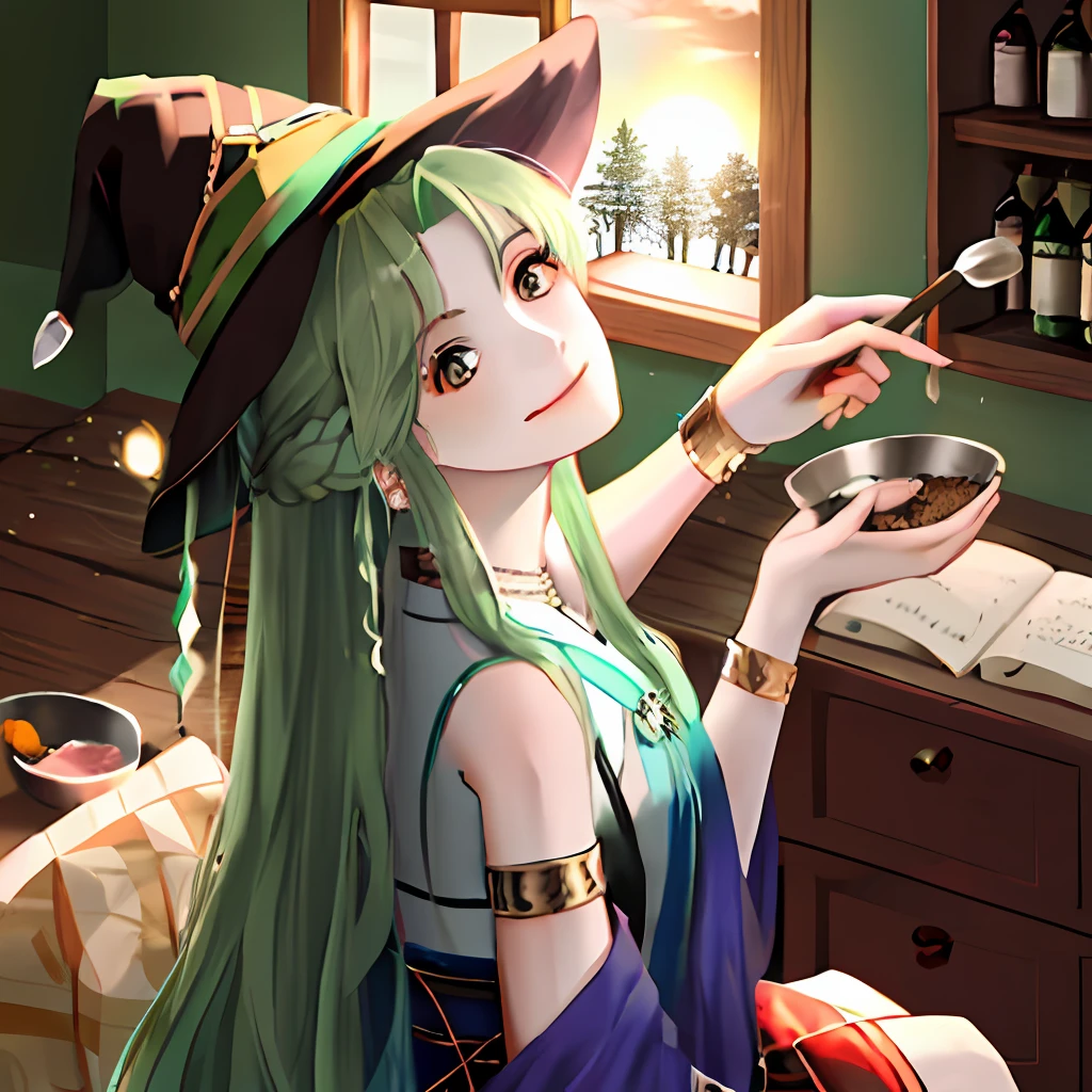 (tmasterpiece,top-quality,best qualityer,offcial art,Beauty and aesthetics:1.2),(1girll:1.3),long whitr hair,Light green hair,Braided sideburns,The is very detailed,(style-swirlmagic:1.0),sportrait,head looking up,独奏,(full bodyesbian:0.6),detailedbackground,详细的脸,(renaissance theme:1.1),Warm smile,Witch of the Forest,dressed in(colours:0.7)Witch hat,armlets,,Rustic cottage in the forest,inside in room, parchment,Kitchen mortar,Hot iron pan,poison,Incense,Small box on a shelf,Small sacks,Cork bottle,spices,Cogumelos,bead,Cast spells,(green color:0.7) Magic Light, Floating particles, the sunset, low-light, Dutch angle