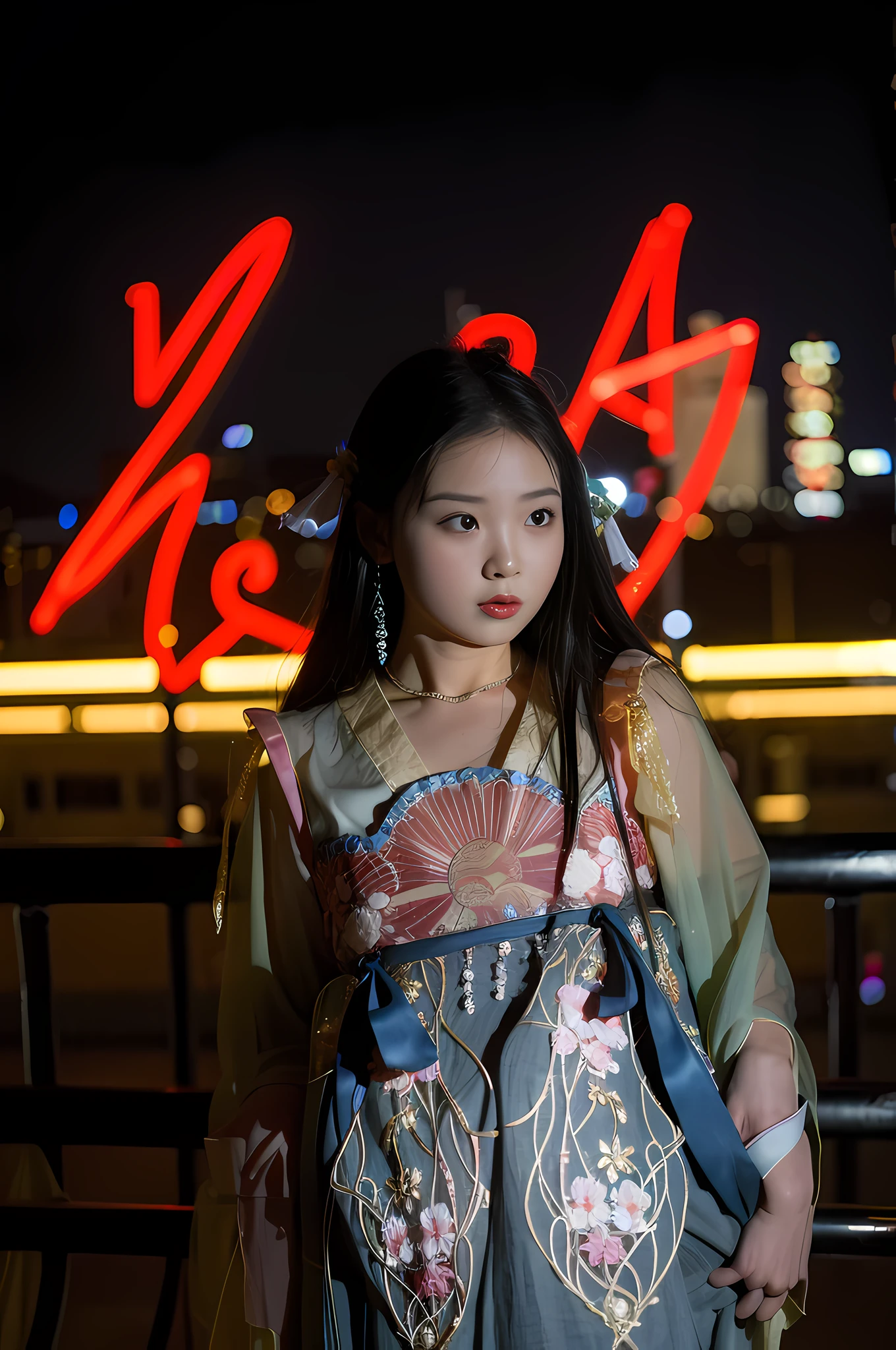 Woman in traditional costume standing in front of neon lights at night, Palace ， A girl in Hanfu, shaxi, Wearing ancient Chinese clothes, Traditional Chinese clothing, Chinese girl, Hanfu, chinese artist, with acient chinese clothes, A young Asian woman, Chinese costume, Chinese woman, mingchen shen, full-body xianxia, Album art