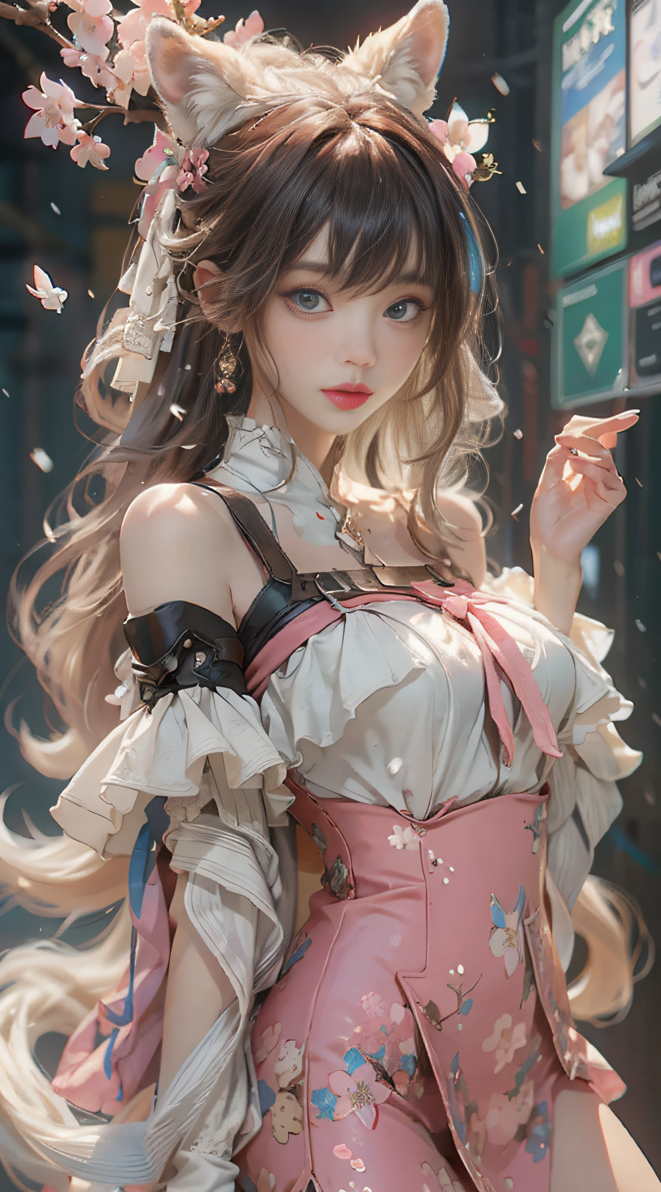 ((best qualtiy)), ((tmasterpiece)), (detail:1.4), Beautiful cyberpunk female images,hdr(HighDynamicRange),Ray traching,NVIDIA RTX,Hyper-Resolution,illusory 5,sub surface scattering,PBR textures,post-proces,Anisotropy Filtering,depth of fields,maximum definition and sharpness,Many-Layer Textures,Albedo e mapas Speculares,Surface coloring,Mitsu-Accurate simulation of material interactions,perfectly proportioned,rendering by octane,Two-colored light,largeaperture,Low ISO,White balance,Rule three points、8K raw data、Beautiful bright blue pupils,off-the-shoulder clothes,Fine pupils,Delicate face and eyes,long eyelasher,Blushlush,Delicate and fluffy hair,pink lip,Pure,Cute face,Sweet girl,Artistic sense,Casual wear,Advancedsense,butterflys,Cherry blossom petal,Beautiful hair accessories,Long hair and waist,Hair fluttering in the wind,Snow-white fox ears,curlies,Snow-white fluffy tail,Positive light,The light from the back window is backlighted