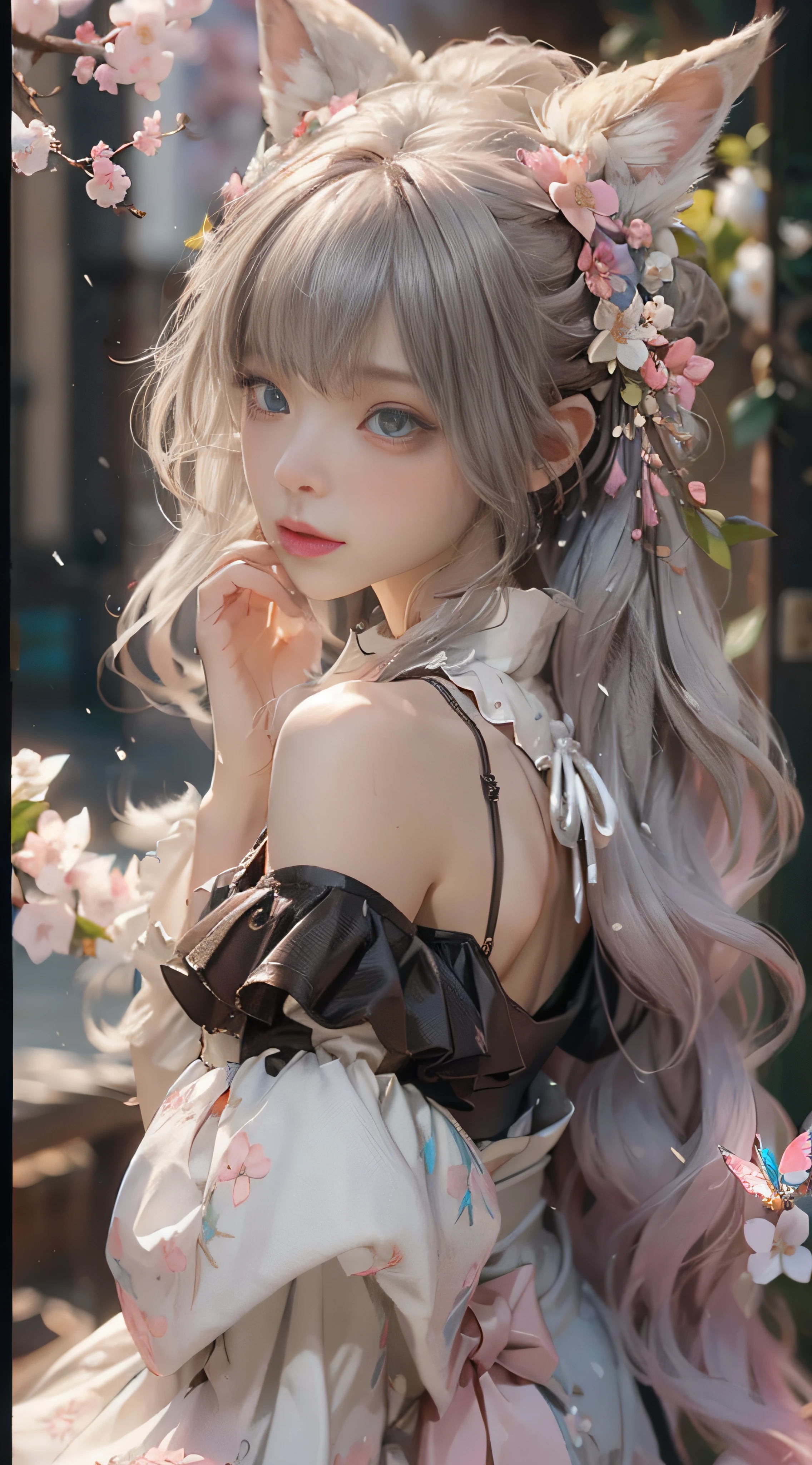 ((best qualtiy)), ((tmasterpiece)), (detail:1.4), Beautiful cyberpunk female images,hdr(HighDynamicRange),Ray traching,NVIDIA RTX,Hyper-Resolution,illusory ub surface scaing,PBR textures,post-proces,Anisotropy Filtering,depth of fields,maximum definition and sharpness,Many-Layer Textures,Albedo e mapas Speculares,Surface coloring,Mitsu-Accurate simulation of material interacctly proportioned,rendering by octane,Two-colored light,largeaperture,Low ISO,White balance,Rule three points、8K raw data、Beautiful bright blue pupils,off-the-shoulder clothes,Fine pupils,Delicate face and eyes,long eyelasher,Blushlush,Delicate and fluffy hair,pink lip,Pure,Cute face,Sweet girl,Artistic sense,Casual wear,Advancedsense,butterflys,Cherry som petal,Beautiful hair accessories,Long hair and waist,Hair fluttering in the wind,Snow-white fox ears,curlies,Snow-white fluffy tail,Positive light,The light from the back window is backlighted