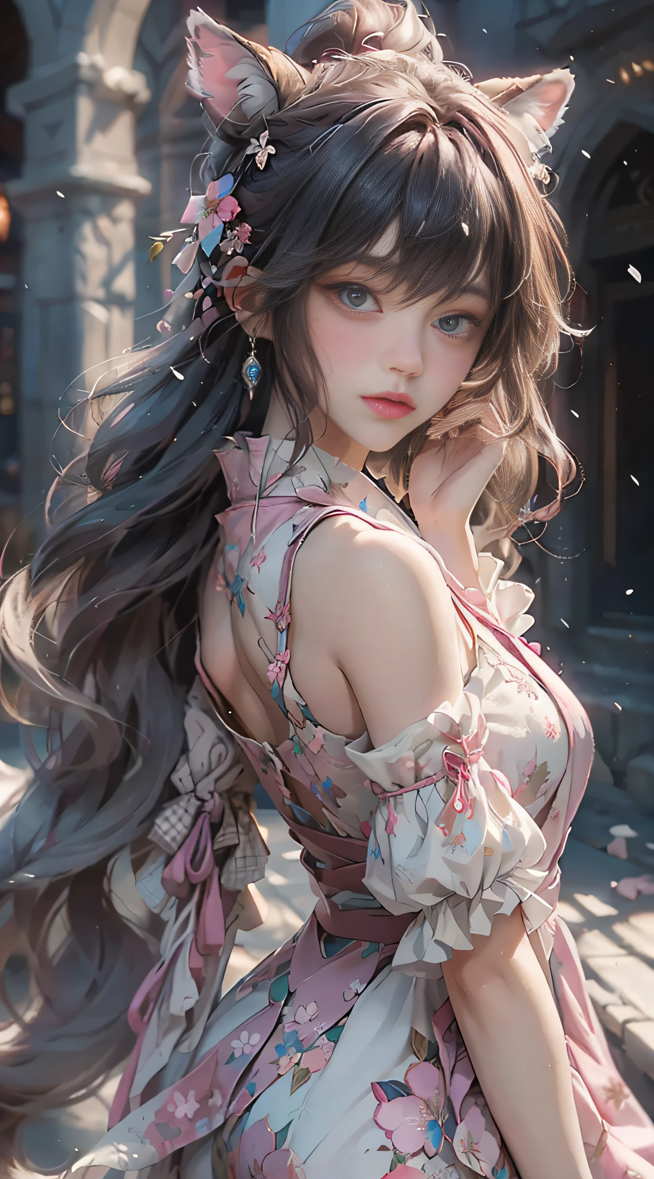 （（best qualtiy））， （（tmasterpiece））， （detail：1.4）， Beautiful cyberpunk female images，hdr（HighDynamicRange），Ray traching，NVIDIA RTX，Hyper-Resolution，illusory 5，sub surface scattering，PBR textures，post-proces，Anisotropy Filtering，depth of fields，maximum definition and sharpness，Many-Layer Textures，Albedo e mapas Speculares，Surface coloring，Mitsu-Accurate simulation of material interactions，perfectly proportioned，rendering by octane，Two-colored light，largeaperture，Low ISO，White balance，Rule three points、8K raw data、Beautiful bright blue pupils，off-the-shoulder clothes，Fine pupils，Delicate face and eyes，long eyelasher，Blushlush，Delicate and fluffy hair，pink lip，Pure，Cute face，Sweet girl，Artistic sense，Casual wear，Advancedsense，butterflys，Cherry blossom petal，Beautiful hair accessories，Long hair and waist，Hair fluttering in the wind，Snow-white fox ears，curlies，Snow-white fluffy tail，Positive light，The light from the back window is backlighted