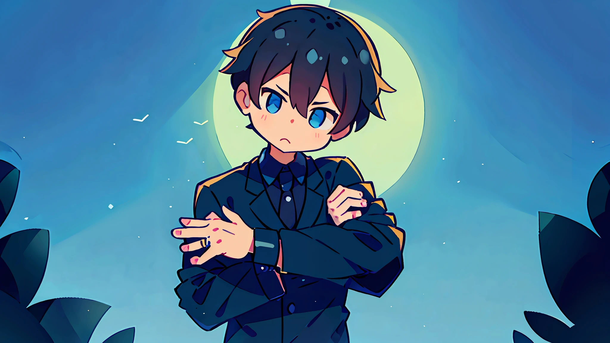 Man in black、A dark-haired、short-haired、ember、blue open sky