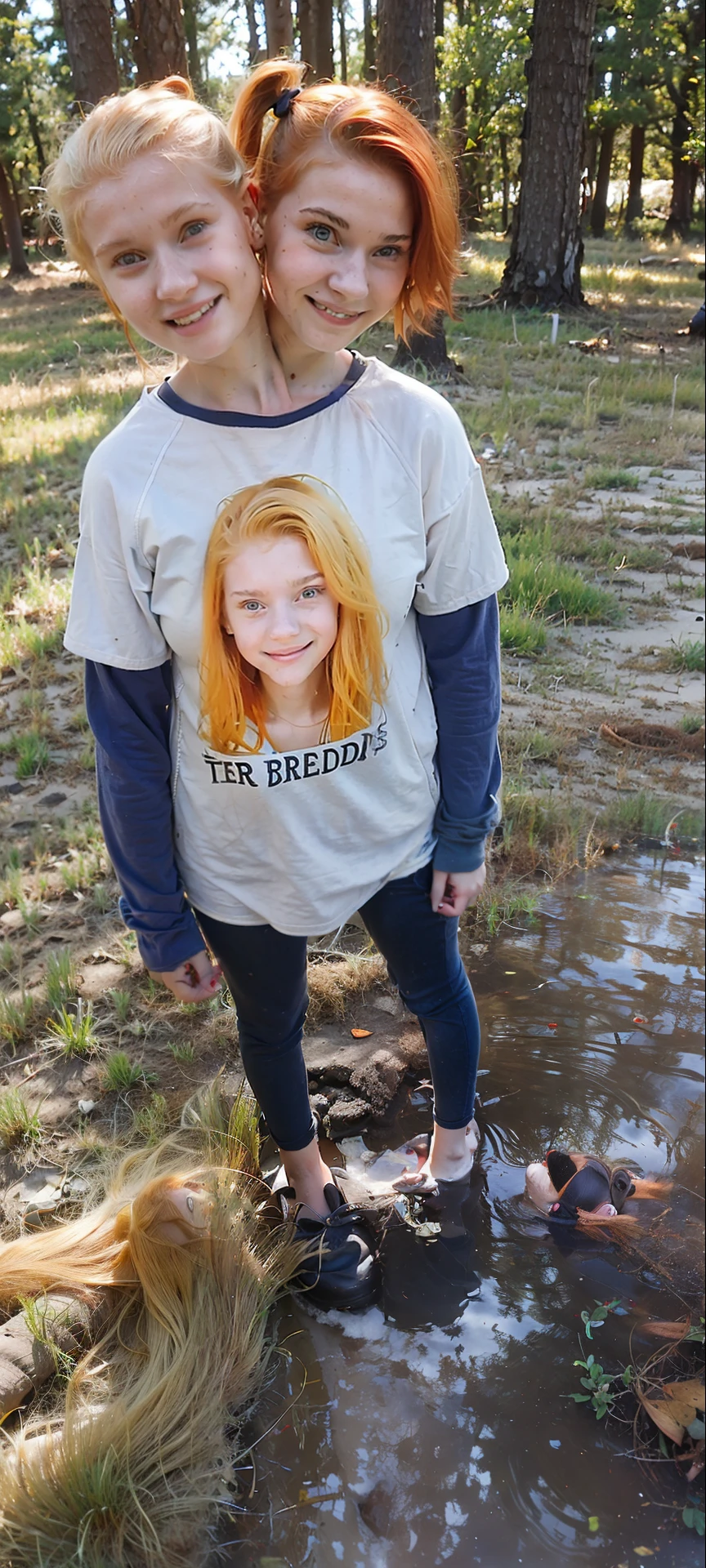 2heads, two headed girl, (teens:1.5), (female:1.5), (fraternal twins:1.5), (one blonde other redhead:1.5), (two heads attached to one body:1.4), conjoined twins, heads side by side, one torso, young, uncomfortable, barefoot