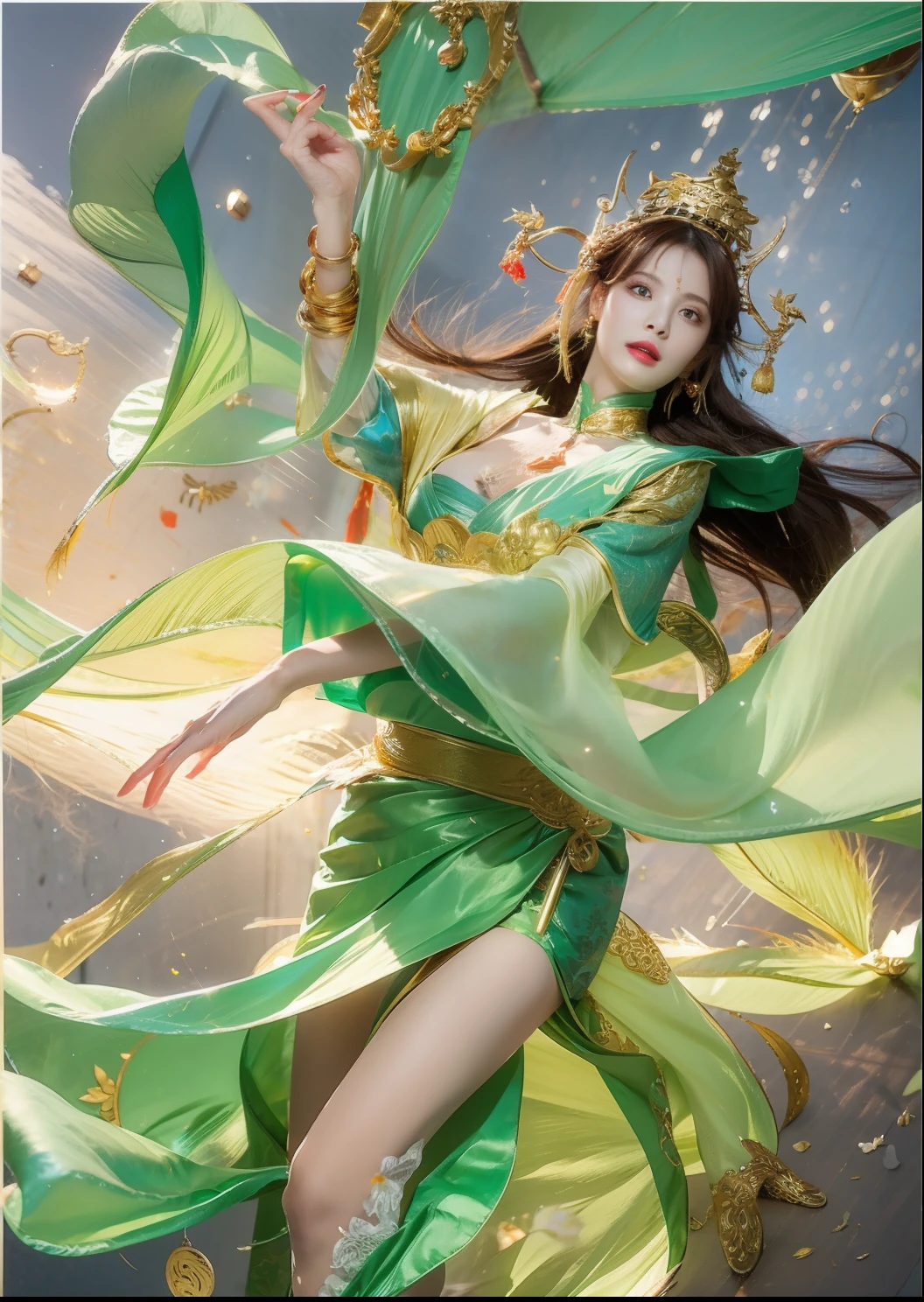 an ancient Chinese goddess,详细的脸,Wear a golden crown with a blonde hairpin,Wear gold jewelry on your forehead,Dressed in green silk brocade,Full breasts,Front Left,The right hand is open,There are nasturtium lights,The green ribbon flutters,White legs,The background is the empty sky,Blue and gold,There are a lot of feathers floating in the sky,Background bokeh,high high quality,illustrious,hyper HD,best qualityer,RAW photos