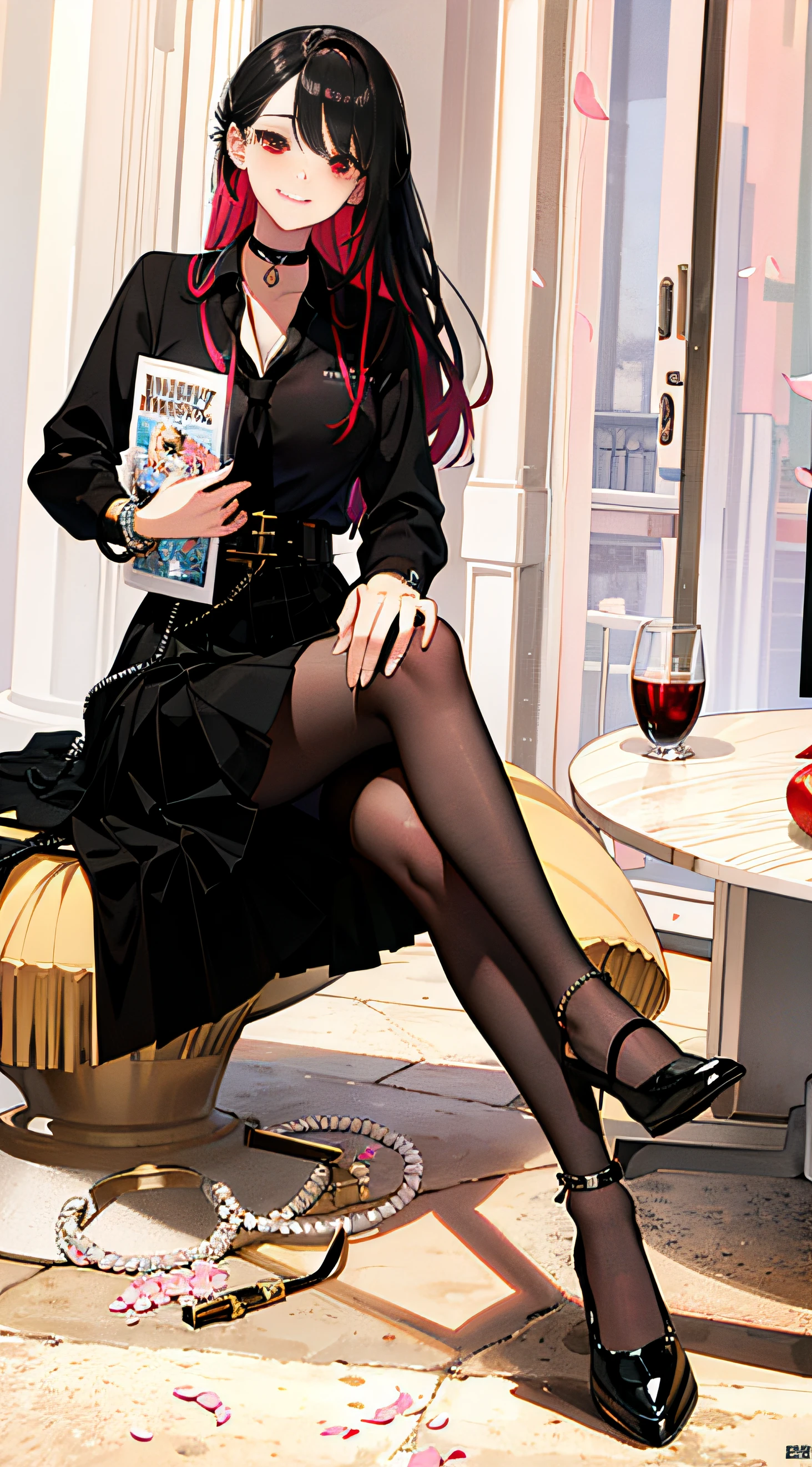 masterpiece, best quality, full body, 1girl, bangs, black choker, black necktie, blonde hair, blue skirt, blush, bracelet, breasts, choker, clothes around waist, collarbone, collared shirt, cowboy shot, dress shirt, ear piercing, eyebrows visible through hair, gradient hair, grin, gyaru, jewelry, kogal, long hair, looking at viewer, loose necktie, necktie, piercing, plaid, plaid skirt, pleated skirt, red eyes, ring, school uniform, shirt, skirt, smile, solo, white shirt, street, sky, cherry blossoms, petals,illustration, (magazine:1.3), (cover-style:1.3), fashionable, woman, vibrant, outfit, posing, front, colorful, dynamic, background, elements, confident, expression, holding, statement, accessory, majestic, coiled, around, touch, scene, text, cover, bold, attention-grabbing, title, stylish, font, catchy, headline, larger, striking, modern, trendy, focus, fashion,