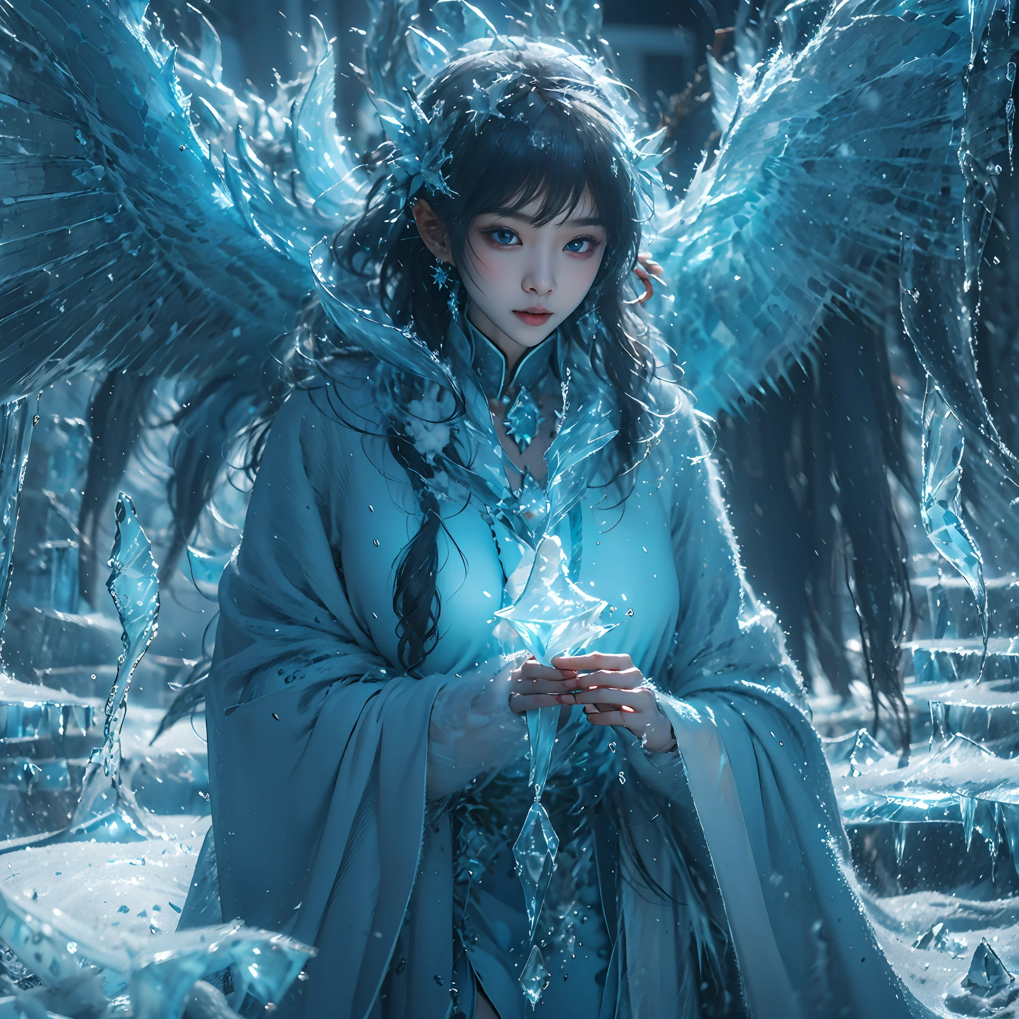 (((1girll)))，Imperial water，A magician，（Loose dress：1.5），（Perfect facial features：1.4），（Blue silk robe），（Mysterious magic formations：1.2），Blue glow，（Frost wings），(((Powerful ice magic)))，(((Icicles)))，Towering over the landscape，Blue light cold light，(((Ice storms)))，Wind，((Flying snow ice and snow))，Amazing results，,best qualityer,tmasterpiece,超高分辨率,finely detailled,Complicated details,8K分辨率,8KUCG wallpaper,hdr,water blue,Magic Array,Cinematic lighting effects,lightand shade contrast，Ray traching、NVIDIA RTX