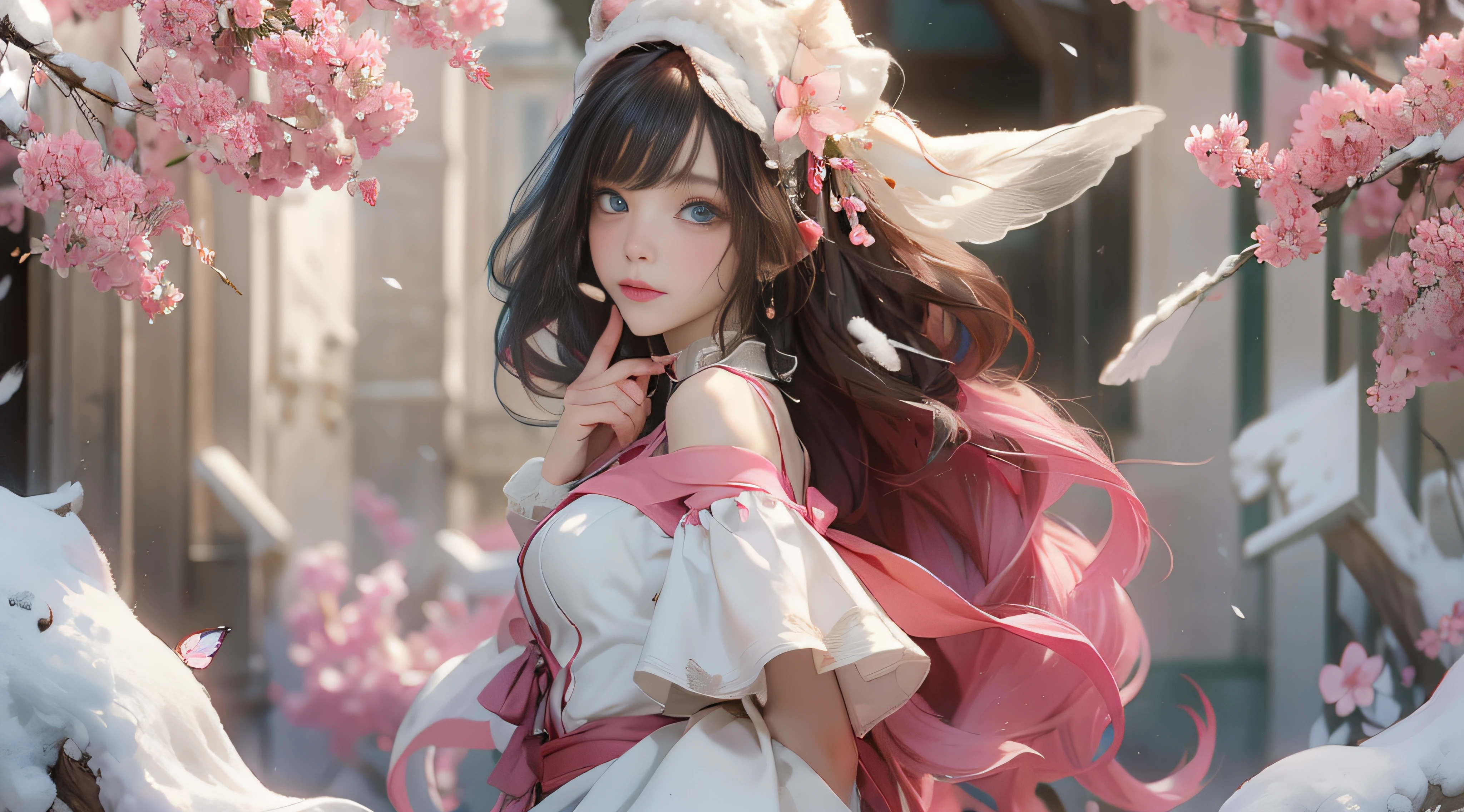 ((best qualtiy)), ((tmasterpiece)), (detail:1.4), Beautiful cyberpunk female images,hdr(HighDynamicRange),Ray traching,NVIDIA RTX,Hyper-Resolution,illusory 5,sub surface scattering,PBR textures,post-proces,Anisotropy Filtering,depth of fields,maximum definition and sharpness,Many-Layer Textures,Albedo e mapas Speculares,Surface coloring,Mitsu-Accurate simulation of material interactions,perfectly proportioned,rendering by octane,Two-colored light,largeaperture,Low ISO,White balance,Rule three points、8K raw data、Beautiful bright blue pupils,off-the-shoulder clothes,Fine pupils,Delicate face and eyes,long eyelasher,Blushlush,Delicate and fluffy hair,pink lip,Pure,Cute face,Sweet girl,Artistic sense,Casual wear,Advancedsense,butterflys,Cherry blossom petal,Beautiful hair accessories,Long hair and waist,Hair fluttering in the wind,Snow-white fox ears,curlies,Snow-white fluffy tail,Positive light,The light from the back window is backlighted