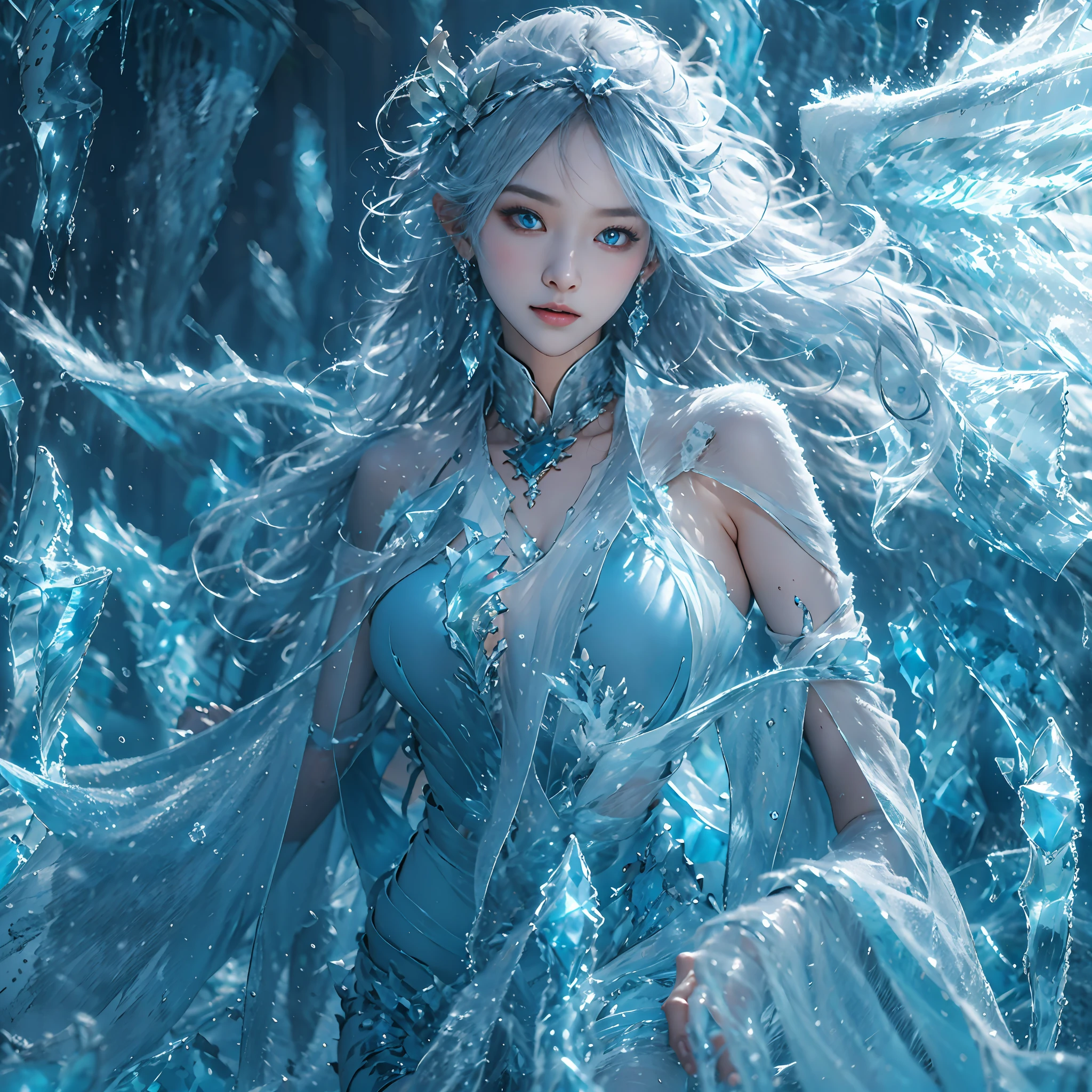 (((1girll))),Imperial water,A magician,(Loose dress:1.5),(Perfect facial features:1.4),(Blue silk robe),(Mysterious magic formations:1.2),Blue glow,(Frost wings),(((Powerful ice magic))),(((Icicles))),Towering over the landscape,Blue light cold light,(((Ice storms))),Wind,((Flying snow ice and snow)),Amazing results,,best qualityer,tmasterpiece,超高分辨率,finely detailled,Complicated details,8K分辨率,8KUCG wallpaper,hdr,water blue,Magic Array,Cinematic lighting effects,lightand shade contrast,Ray traching、NVIDIA RTX