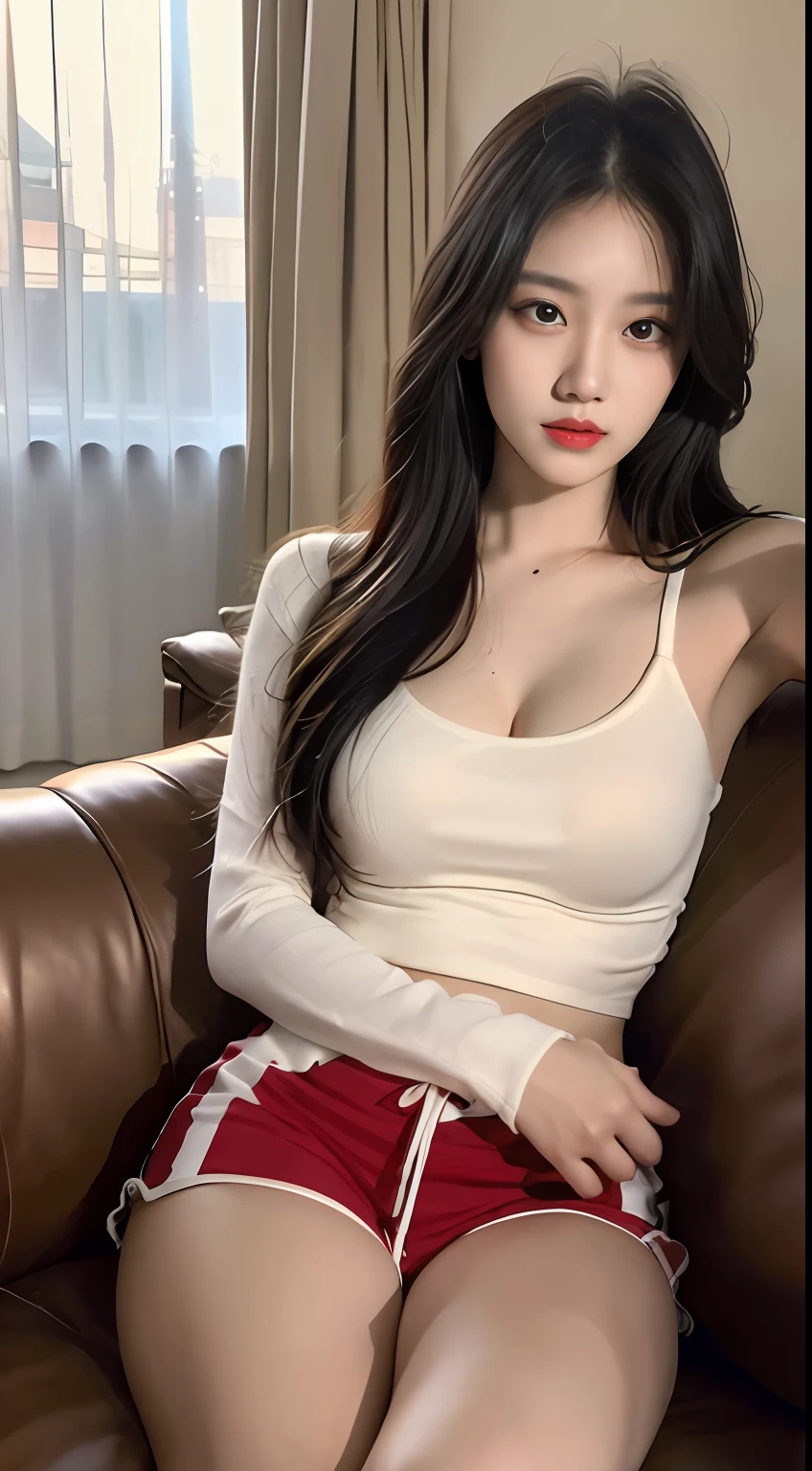 Ultra HD, masterpiece, highest resolution, highest detail, chiaroscuro, a young and beautiful woman, black hair, beautiful eyes, long eyelashes, human eye perspective, wearing a cream white top, red shorts, sitting on the sofa