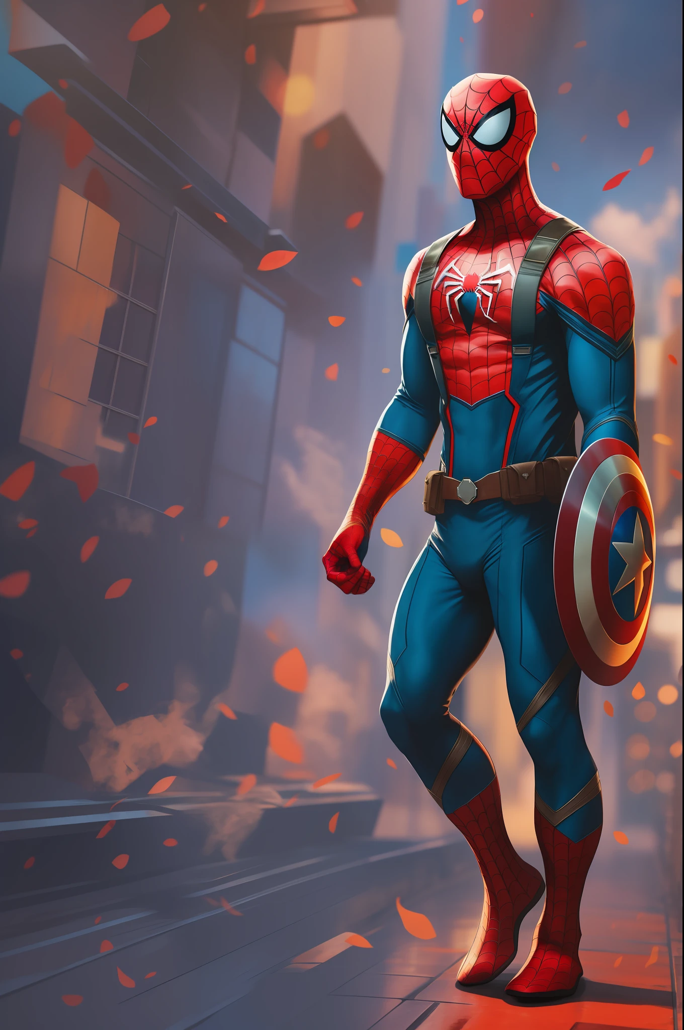 Stylish Spiderman with four hands and captain America shield in hand,8k ultra hd wallpaper, bright colours,vivid