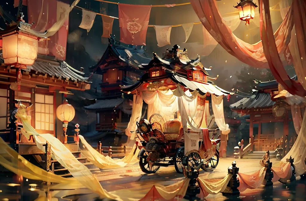 Japanese rickshaw with hanging fabric curtains on the roof, special, special design, japanese style, japanese royal family, special for ancient japanese princesses, japanese ancient, luxurious, grand, gorgeous, empress, ancient, exquisite, background at lantern festival, night,Japanese