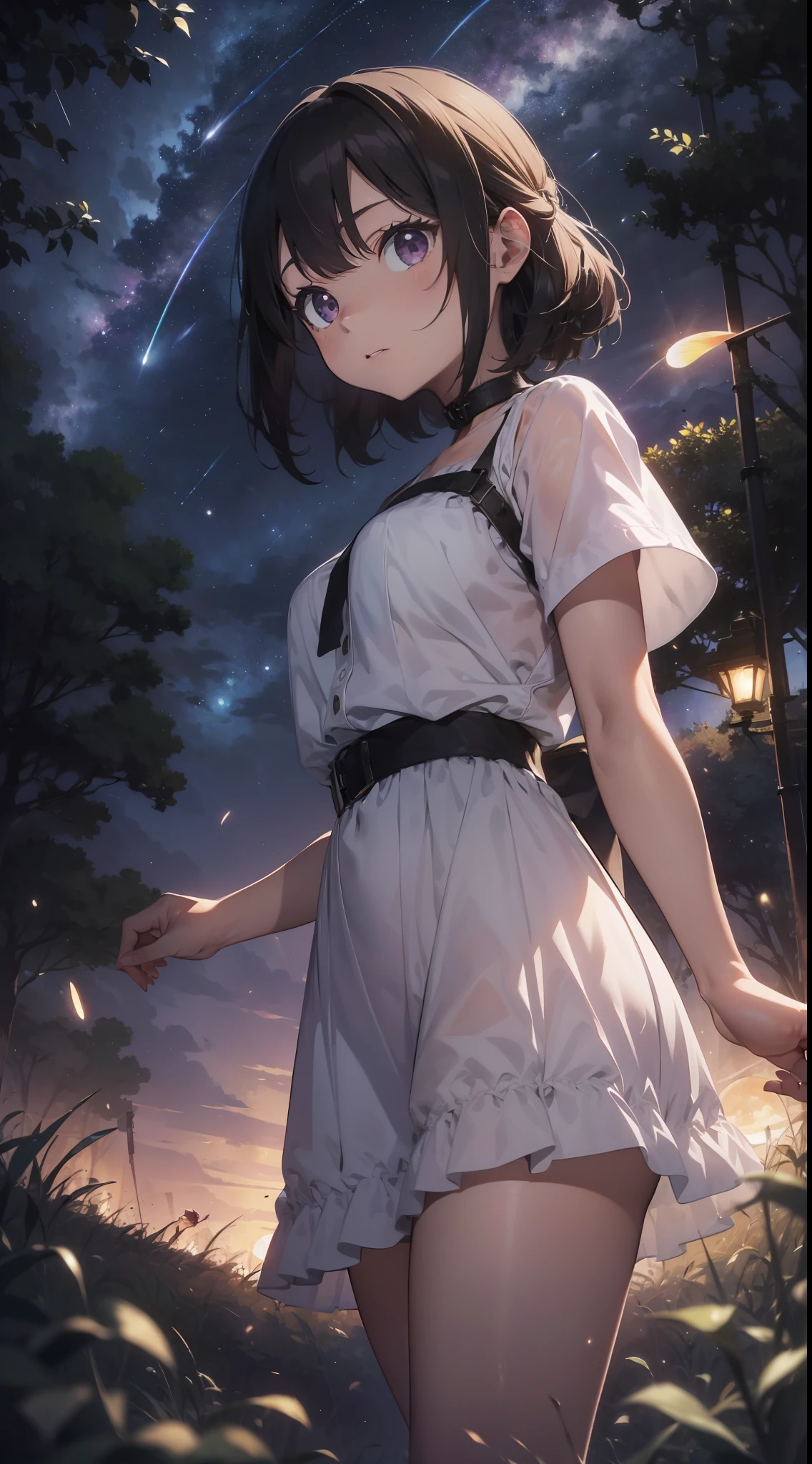 Vast landscape photo, (viewed from below, the sky is above and the open field is below), a girl standing on a flower field looking up, (full moon: 1.2), (meteor: 0.9), (nebula: 1.3), distant mountains , Trees BREAK Crafting Art, (Warm Light: 1.2), (Fireflies: 1.2), Lights, Lots of Purple and Orange, Intricate Details, Volumetric Lighting, Realism BREAK (Masterpiece: 1.2), (Best Quality), 4k, Ultra-Detailed, (Dynamic Composition: 1.4), Very Detailed, Colorful Details, (Rainbow Colors: 1.2), (Glow Lighting, Atmospheric Lighting), Dreamy, Magical, (Solo: 1.2)