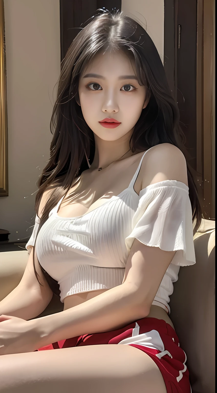 Ultra HD, masterpiece, highest resolution, highest detail, chiaroscuro, a young and beautiful woman, black hair, beautiful eyes, long eyelashes, human eye perspective, wearing a cream white top, red shorts, sitting on the sofa