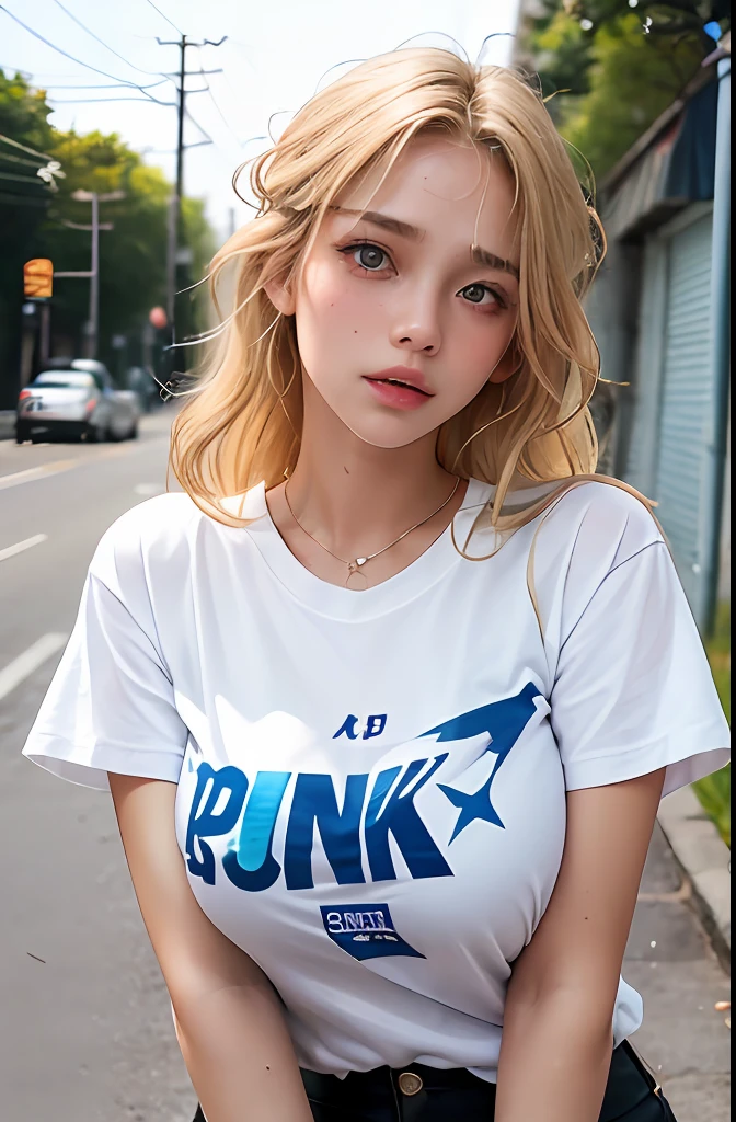 (1girl),large breasts, breasts, tan, dewy skin, sweaty skin, wavy blonde hair, punk tshirt, punk girl