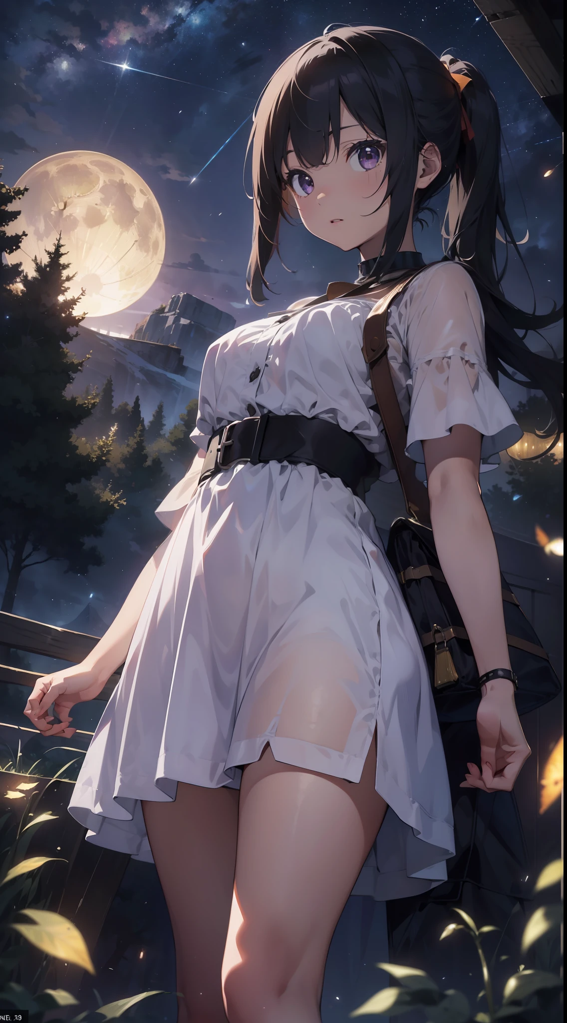 Vast landscape photo, (viewed from below, the sky is above and the open field is below), a girl standing on a flower field looking up, (full moon: 1.2), (meteor: 0.9), (nebula: 1.3), distant mountains , Trees BREAK Crafting Art, (Warm Light: 1.2), (Fireflies: 1.2), Lights, Lots of Purple and Orange, Intricate Details, Volumetric Lighting, Realism BREAK (Masterpiece: 1.2), (Best Quality), 4k, Ultra-Detailed, (Dynamic Composition: 1.4), Very Detailed, Colorful Details, (Rainbow Colors: 1.2), (Glow Lighting, Atmospheric Lighting), Dreamy, Magical, (Solo: 1.2)