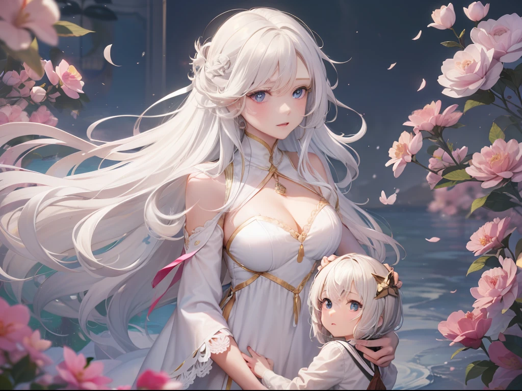 Best quality, tmasterpiece, A mother leaves behind her daughter's hand, This mother has flowing white hair, Tall and tall, This daughter is a 5--old l, Short white hair, eBlue eyes