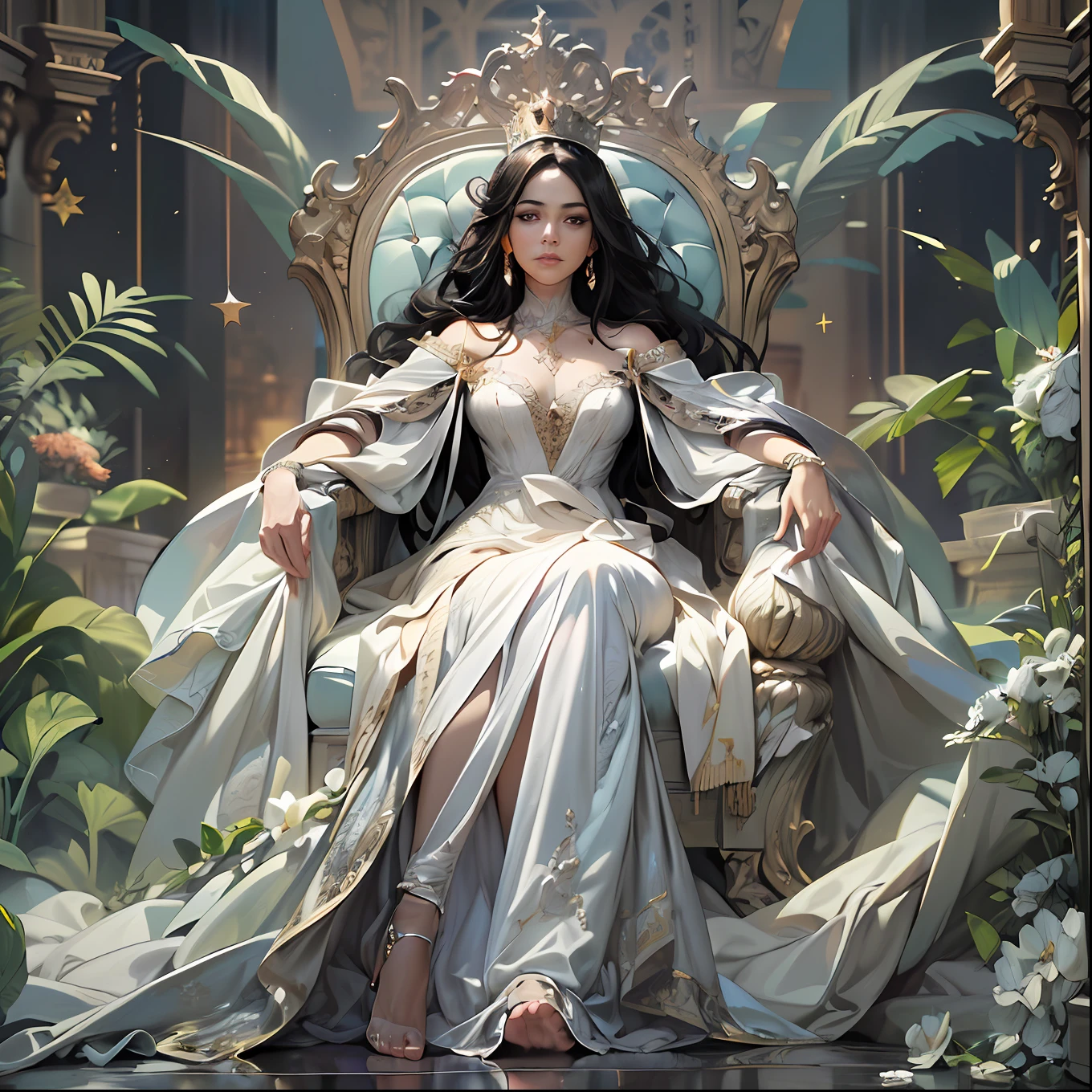 high details, best quality, 8k, [ultra detailed], masterpiece, best quality, (extremely detailed), ultra wide shot, photorealistic, a picture of a empress  wearing white dress (intricate details, Masterpiece, best quality: 1.5), [[holding a scepter]] (intricate details, Masterpiece, best quality: 1.5), wearing a crown with 12 stars (intricate details, Masterpiece, best quality: 1.5), sitting on a throne (intricate details, Masterpiece, best quality: 1.5), black hair, long hair, flowing hair, intense eyes,  dynamic light, from the front, [[12 stars in the background]], best quality, highres, ultra wide angle