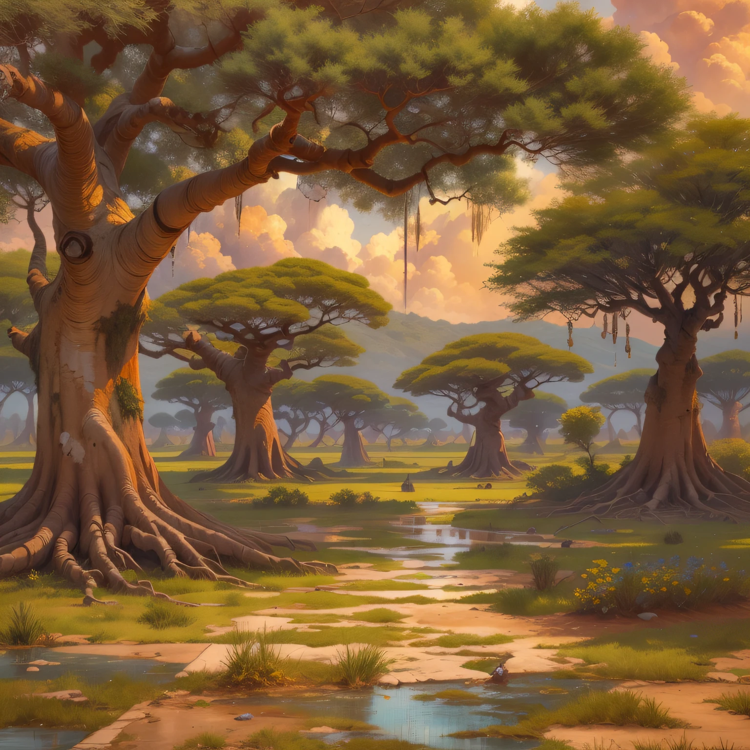 "Depicts an exterior scene of an African savannah, with dynamic weather conditions, such as rain, to add an extra element of realism and drama using Unreal Engine and particles. color acrylic watercolor oil painting woodcut lush geometry lush landscape, wet floor , a grandiose wild tree, african golden imbondeiro tree, baobab tree behind Honor Magic 5 Pro Cracked geometric details crazy details 8k happy atmosphere Botswana Stunning, style of painter Vincent van Gogh,