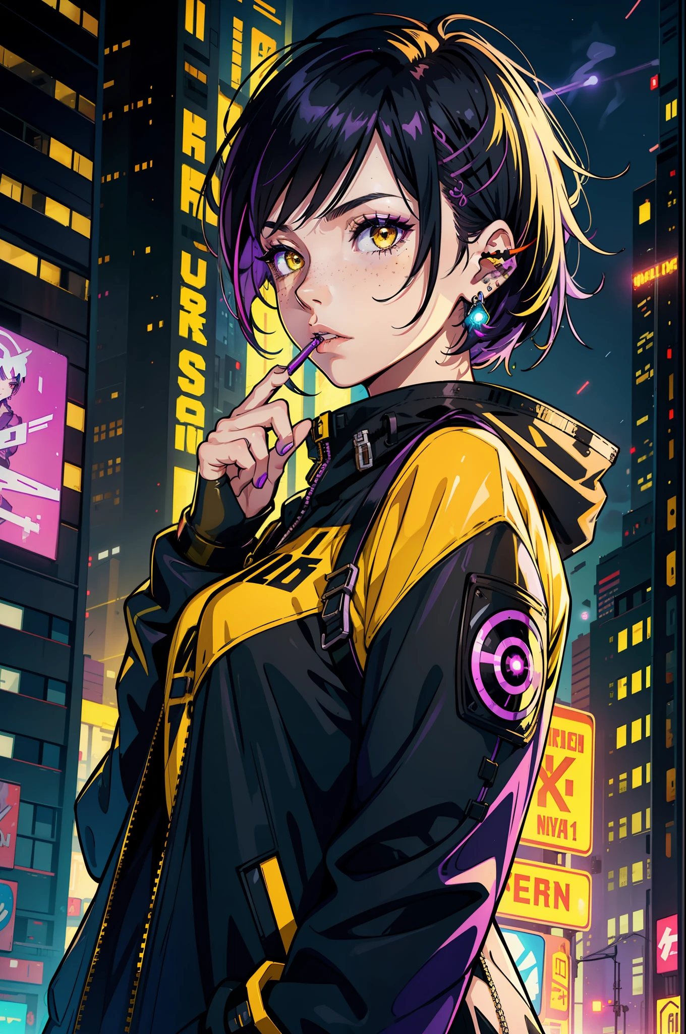 1girl,solo,colorful,yellow eyes,cyberpunk,city,peace sign,earrings,purple hair,eye patche,freckles,prothesis,mechanic,neon,beautiful lighting,purple reflection,cap,smoking,character focus,cg illustration,bust shot,yellow and black outfit,black hair,
