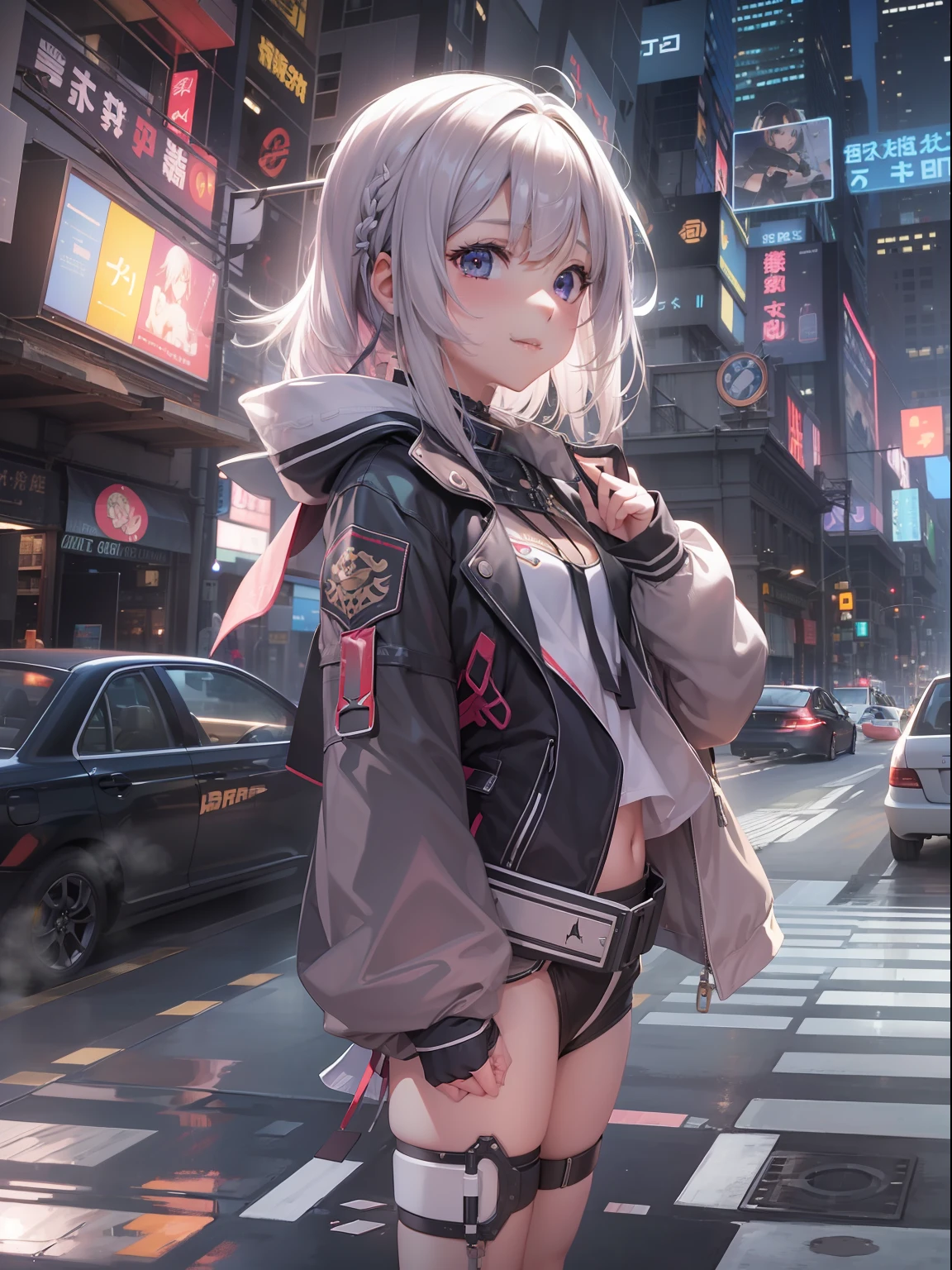 (((​masterpiece)))、(((top-quality)))、((ultra-definition))、(High Definition CG Illustration)、((extremely delicate and beautiful))、City of the Future、kirakira、Shines、Laughing、Cute girl laughing、Cinematic Light、独奏、full body Esbian、cyberpunked、2040s、animesque、Girl Like a Goddess、trending on artstationh、Rachel Walker、