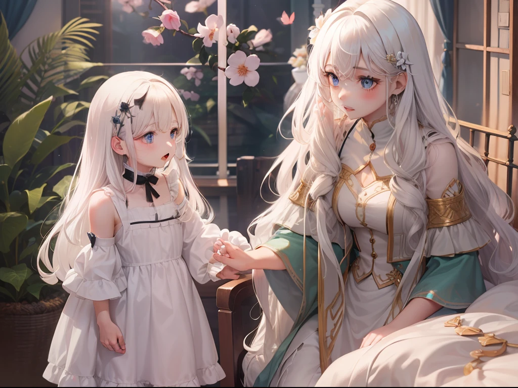 Best quality, tmasterpiece, A mother leaves behind her daughter's hand, This mother has flowing white hair, Tall and tall, This daughter is a 5-year-old girl, Short white hair, eBlue eyes