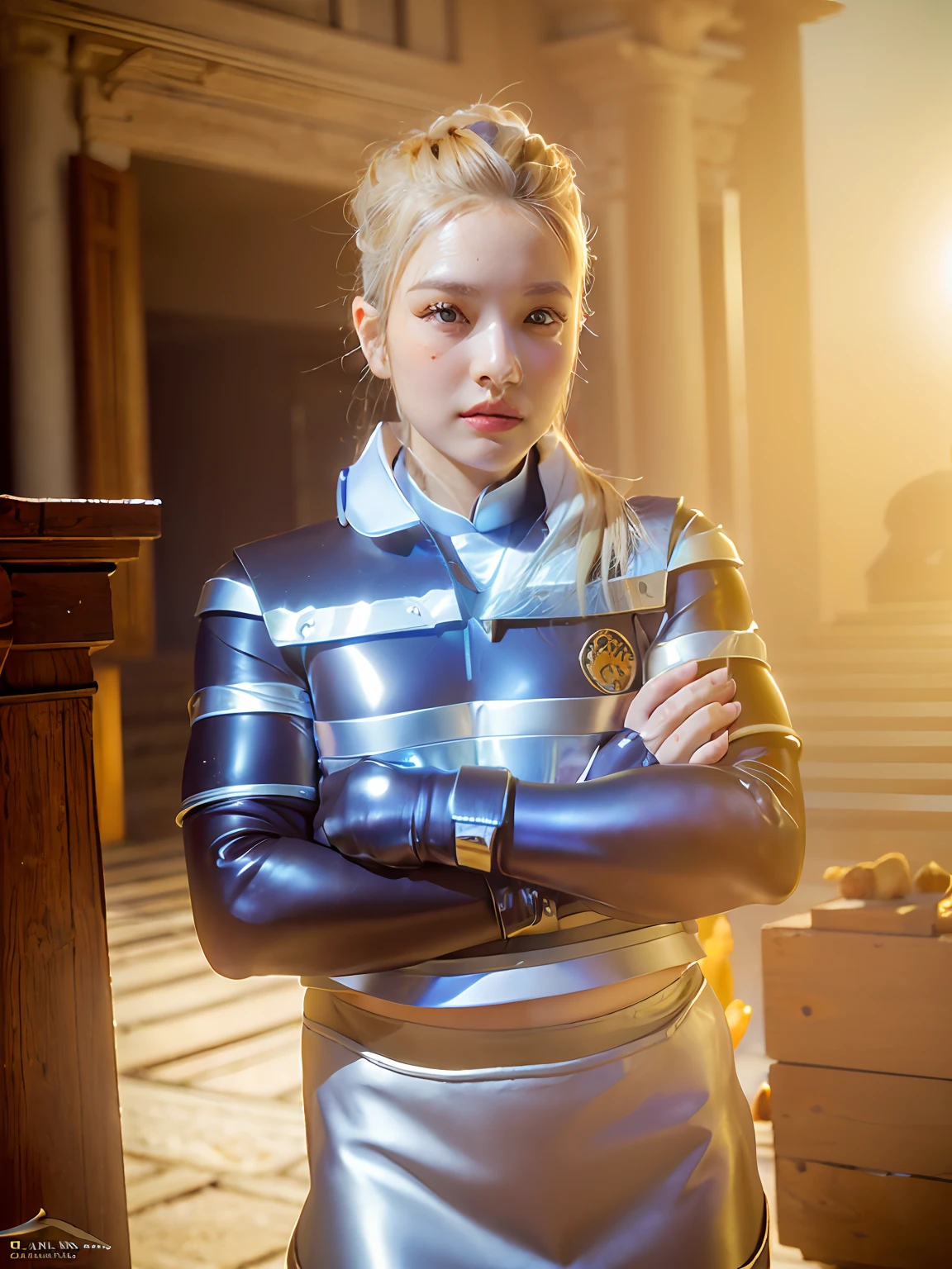 (8K, best quality:1.2), (masterpiece:1.37), (photo, photorealistic:1.37), (ultrahigh-res), half body, walking pose, shot from front, slow motion, female paladin wearing the full body, (light silver armour:1.2),(ornately decorated armor), (insanely detailed, bloom:1.5), (highest quality, Alessandro Casagrande, Greg Rutkowski, Sally Mann, concept art, 4k), (analog:1.2), (high sharpness), (detailed pupils:1.1), detailed face and eyes, Masterpiece, best quality, (highly detailed photo:1.1), (long blonde Hair, ponytail,ecstatic:1.1), (young woman:1.1), sharp, (perfect body:1.1), realistic, real shadow, 3d, (temple background:1.2), arms crossed over the chest
photographed by Canan EOS R6, 135mm, 1/1250s, f/2.8, ISO 400