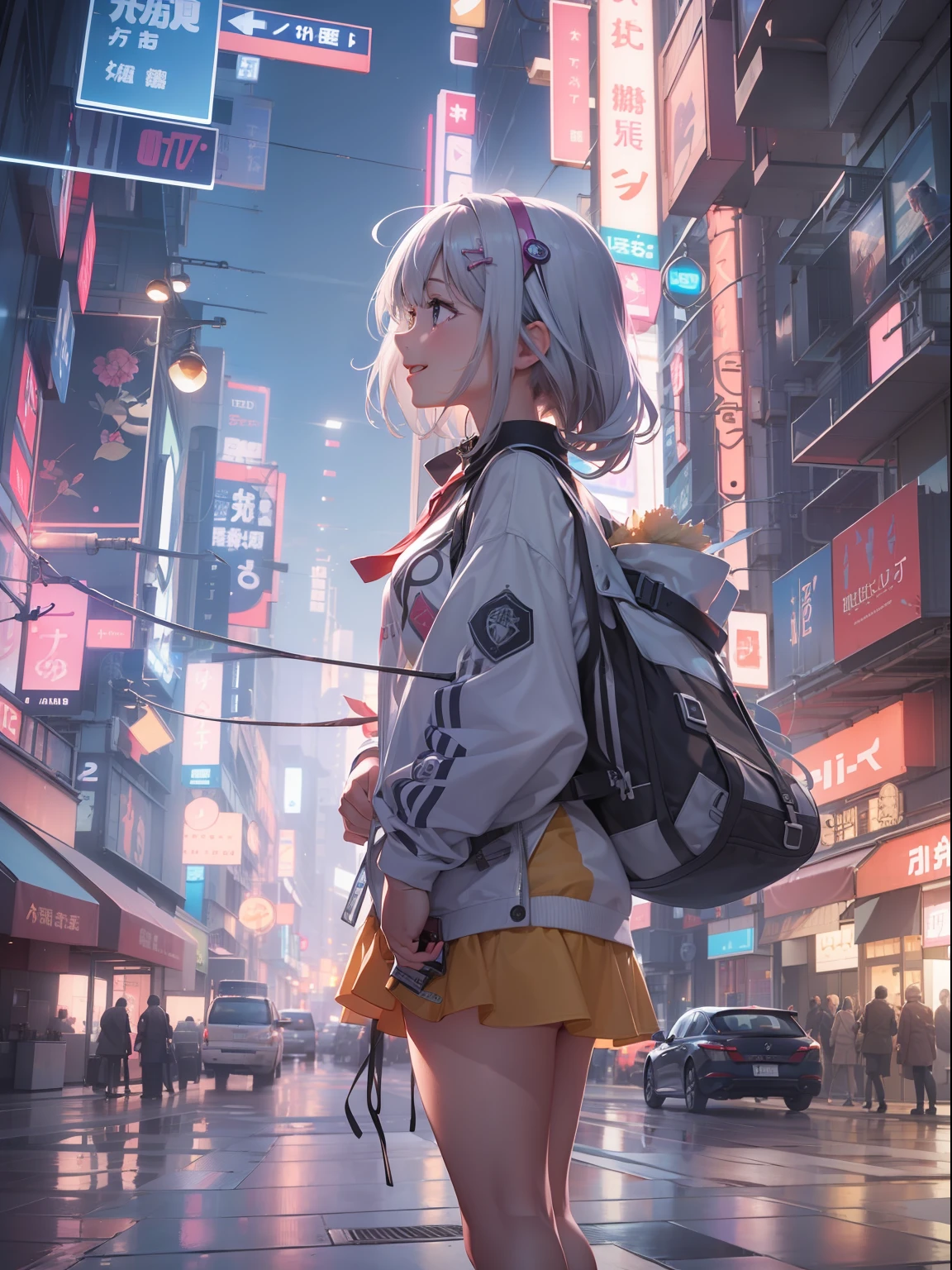 (((masterpiece)))、(((top-quality)))、((ultra-definition))、(High Definition CG Illustration)、((extremely delicate and beautiful))、City of the Future、kirakira、Shines、Laughing、Cute girl laughing、Cinematic Light、独奏、full body Esbian、cyberpunked、2040s、animesque、Girl Like a Goddess、trending on artstationh、Rachel Walker、