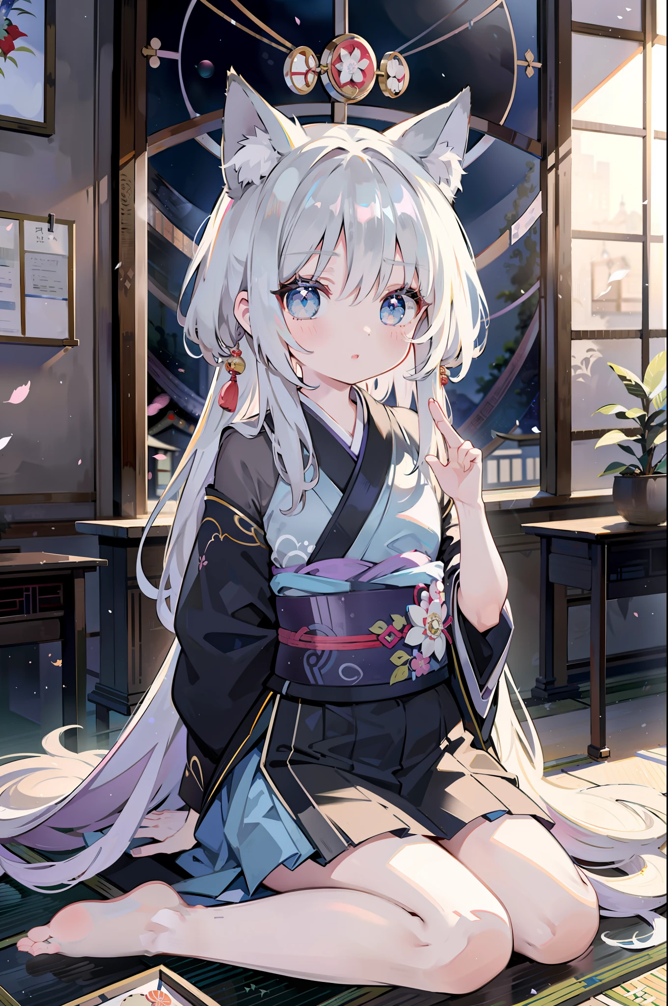 1 girl in、With long silver hair、long、Blue eyes、Beautiful eyes、Lustrous eyes、Bewitching face、((((((******************))))))、(Black kimono)、Floral kimono、japanese kimono、Fox ears、sitting on、Fox tail、Looking at the camera、It is drawn from head to thigh、((High resolution of the highest quality))、(masterpiece best quality:1.2)、[[Bad face]], [[Fused fingers]]