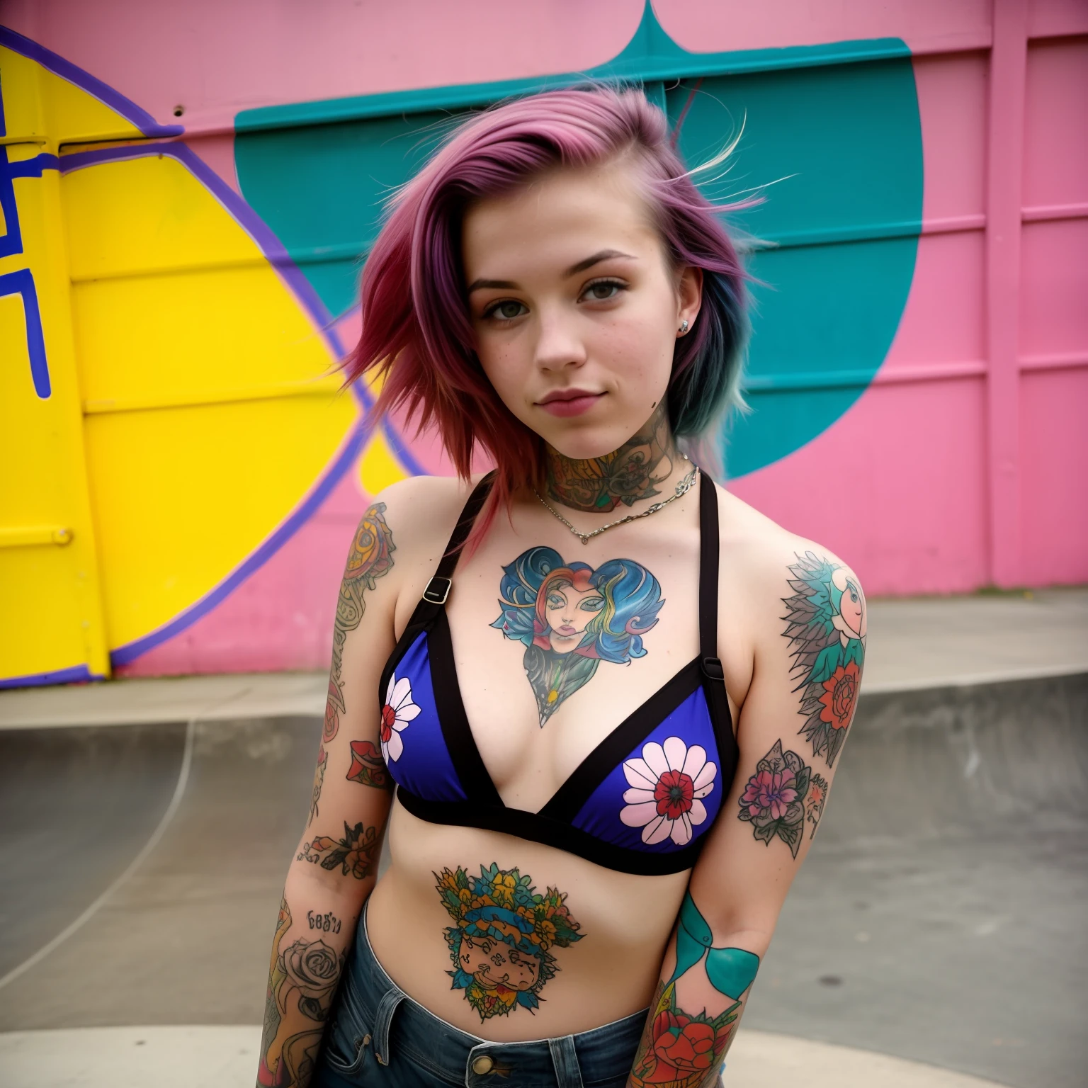 incredibly pretty SuicideGirls model 22 years old, skate park.  vibrant colours, rich colours.  American hipster with dyed hair, cartoon tattoos. Taken with a disposable camera.