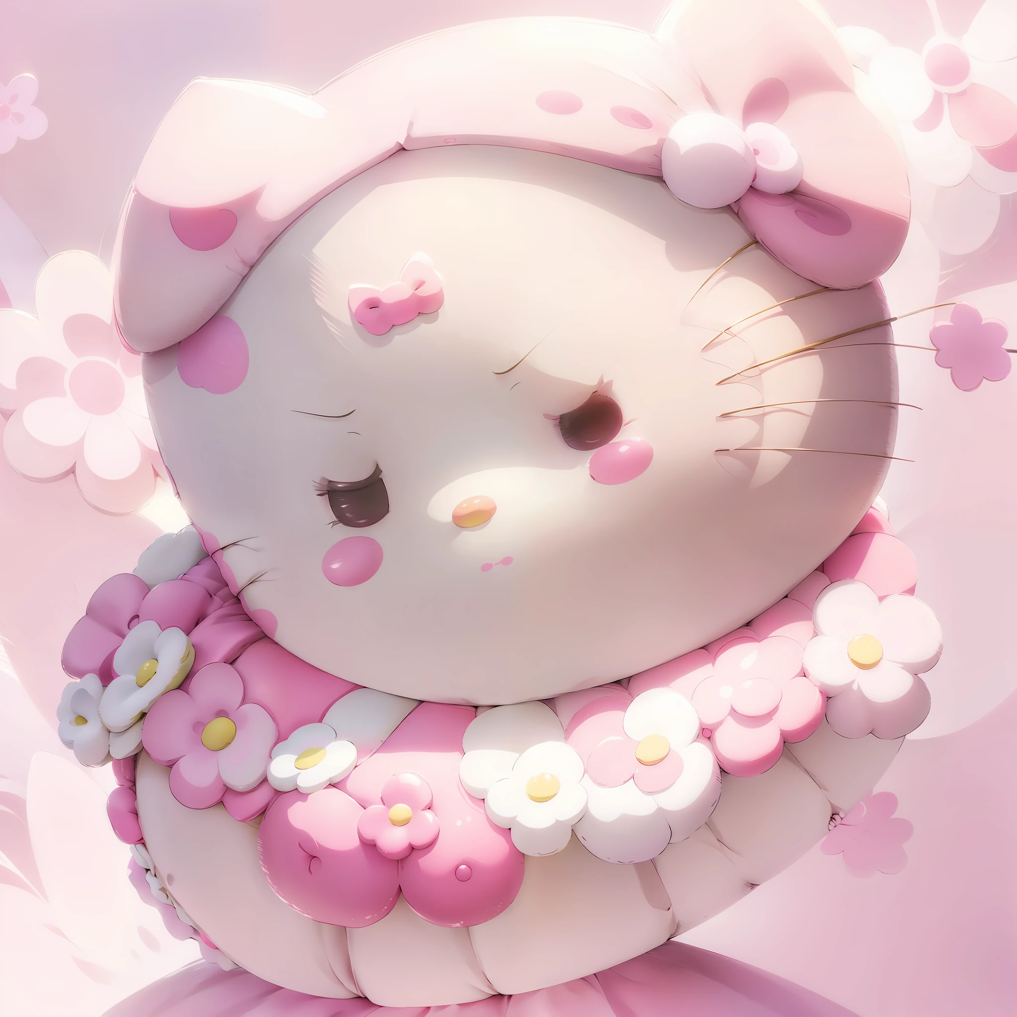 "Hello Kitty with a cute expression, wearing a pink bow, surrounded by pastel-colored flowers and floating balloons."