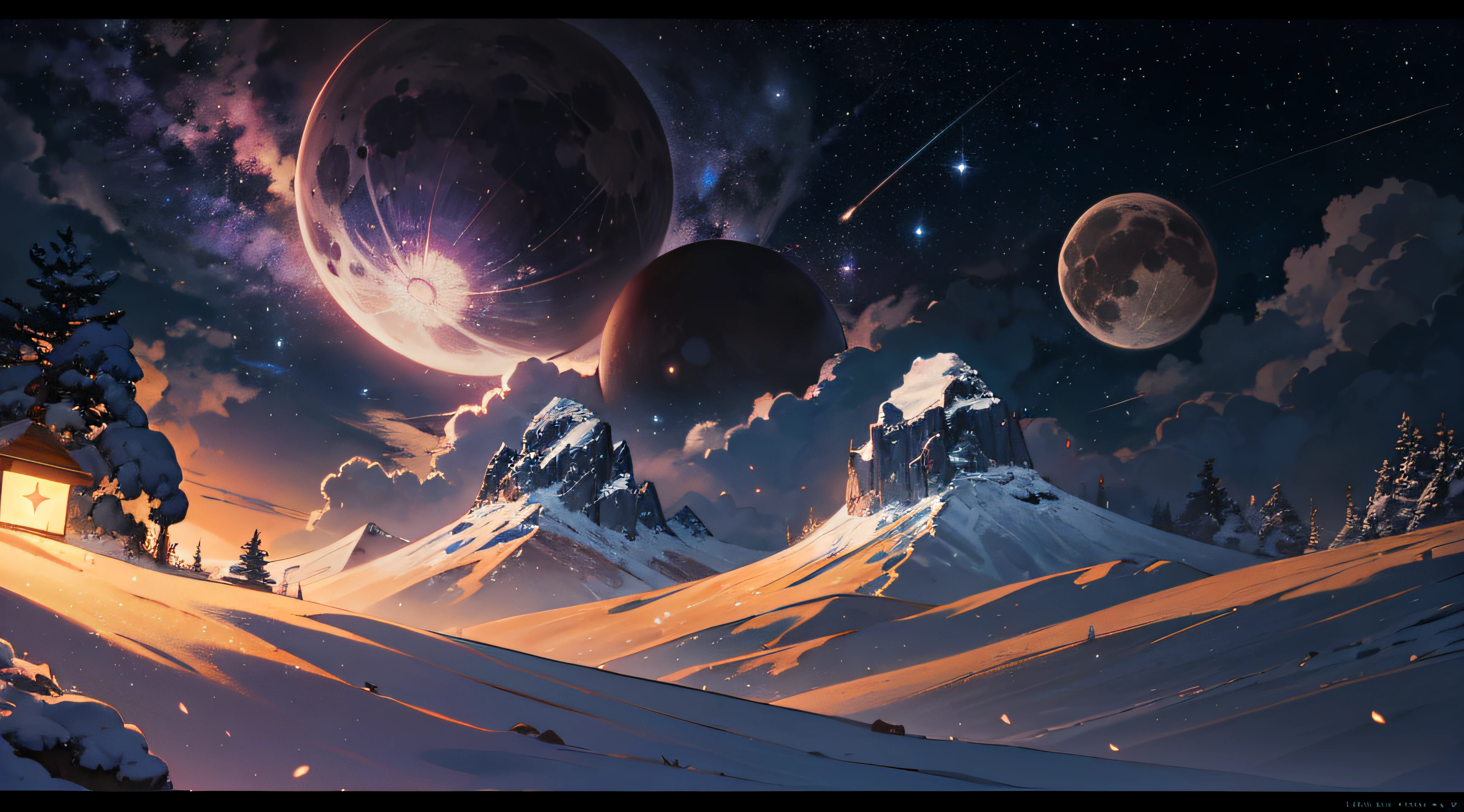 Expansive landscape photograph，（moon full：1.2），（meteors：0.9），（Starcloud：1.3），（Warm light source：1.2），（glowworm：1.2），lamp lights，Lots of purple and orange，Complicated details，Volumetriclighting，Realism BREAK（tmasterpiece：1.2），（best qualtiy），8K，Ultra-detailed，（dynamic compositions：1.4），The is very detailed，Colorful details，（Irridescent color：1.2），（luminouslighting，Atmospheric lighting），dream magical，magical，（独奏：1.2），（（best qualtiy））， （（tmasterpiece））， （the detail：1.4），depth of fields，maximum definition and sharpness，perfectly proportions，Fluttering clouds，Wallpapers