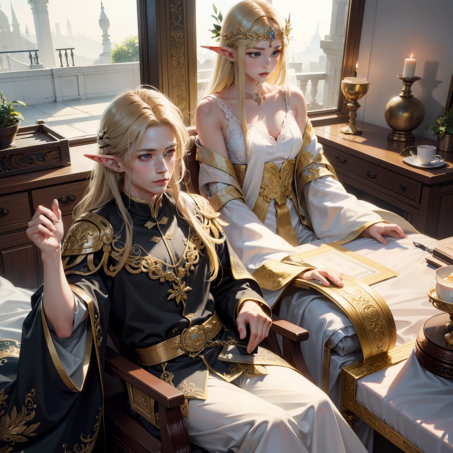 filigree,realisticlying,1boy ,独奏,Long blonde hair,elf prince,Delicate facial features,