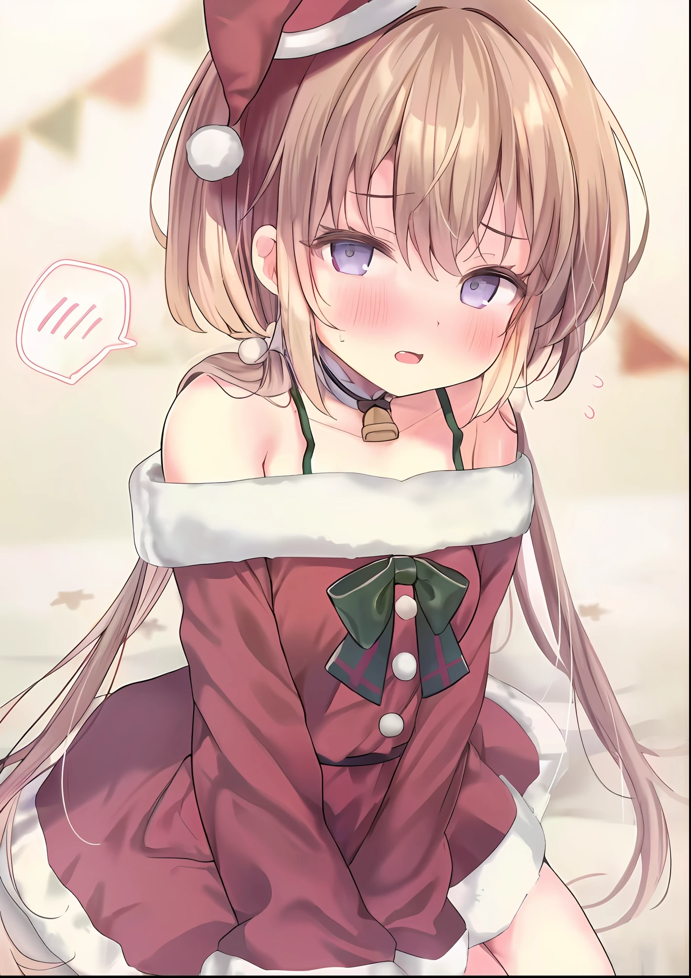 Anime girl in red dress,Wearing a Santa hat and a green bow, small curvaceous loli, loli in dress, Cute anime girl, anime visual of a cute girl, cute anime waifu in a nice dress, (Anime girl), anime moe art style, small loli girl, extremely cute anime girl face, Splash art anime Loli, pretty anime girl