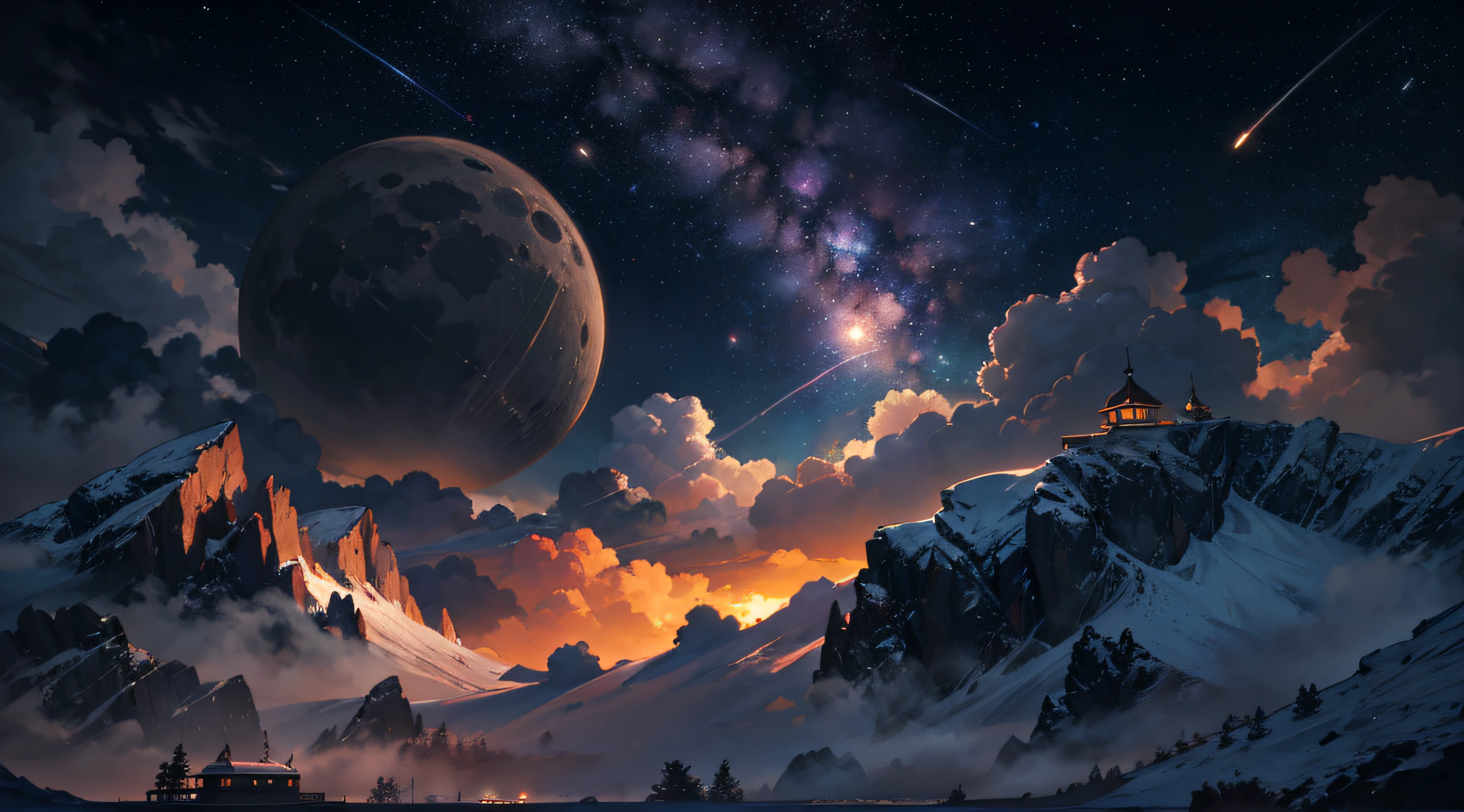 Expansive landscape photograph，（moon full：1.2），（meteors：0.9），（Starcloud：1.3），（Warm light source：1.2），（glowworm：1.2），lamp lights，Lots of purple and orange，Complicated details，Volumetriclighting，Realism BREAK（tmasterpiece：1.2），（best qualtiy），8K，Ultra-detailed，（dynamic compositions：1.4），The is very detailed，Colorful details，（Irridescent color：1.2），（luminouslighting，Atmospheric lighting），dream magical，magical，（独奏：1.2），（（best qualtiy））， （（tmasterpiece））， （the detail：1.4），depth of fields，maximum definition and sharpness，perfectly proportions，Fluttering clouds，Wallpapers