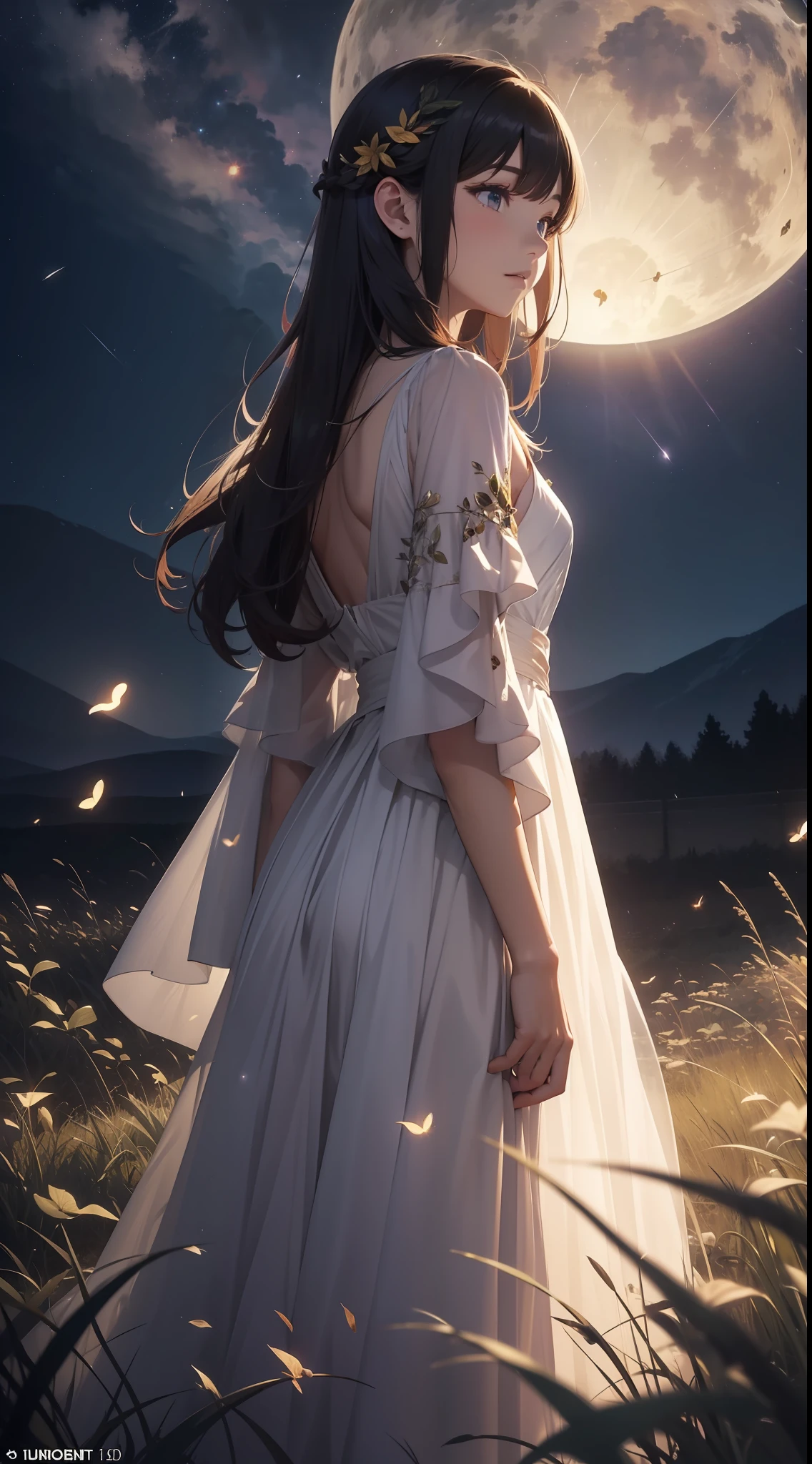 Vast landscape photo, (viewed from below, the sky is above and the open field is below), a girl standing on a flower field looking up, (full moon: 1.2), (meteor: 0.9), (nebula: 1.3), distant mountains , Trees BREAK Crafting Art, (Warm Light: 1.2), (Fireflies: 1.2), Lights, Lots of Purple and Orange, Intricate Details, Volumetric Lighting, Realism BREAK (Masterpiece: 1.2), (Best Quality), 4k, Ultra-Detailed, (Dynamic Composition: 1.4), Very Detailed, Colorful Details, (Rainbow Colors: 1.2), (Glow Lighting, Atmospheric Lighting), Dreamy, Magical, (Solo: 1.2)