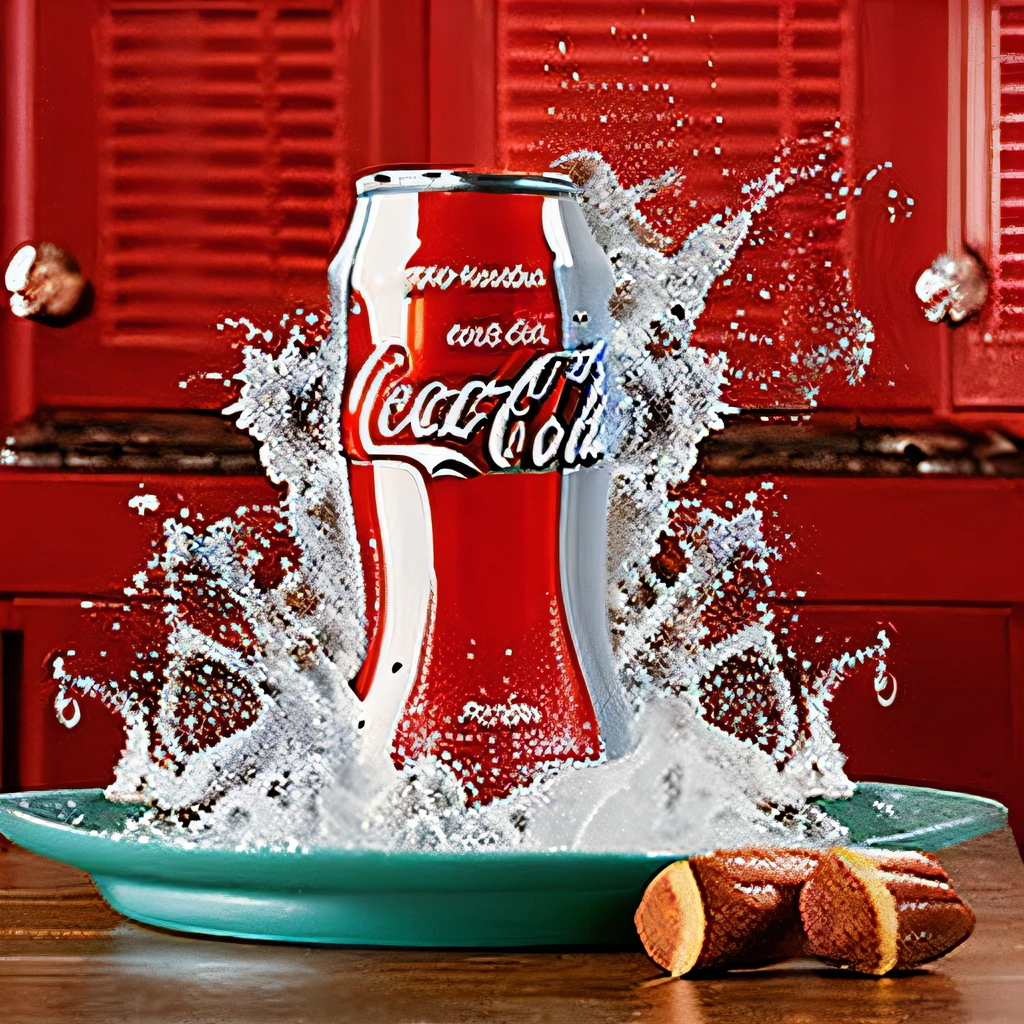 lata de coca cola sobre uma mesa com splash de coca por todo lado com fundo de uma cozinha e pessoas se divertindo ao fundo realista 24mm