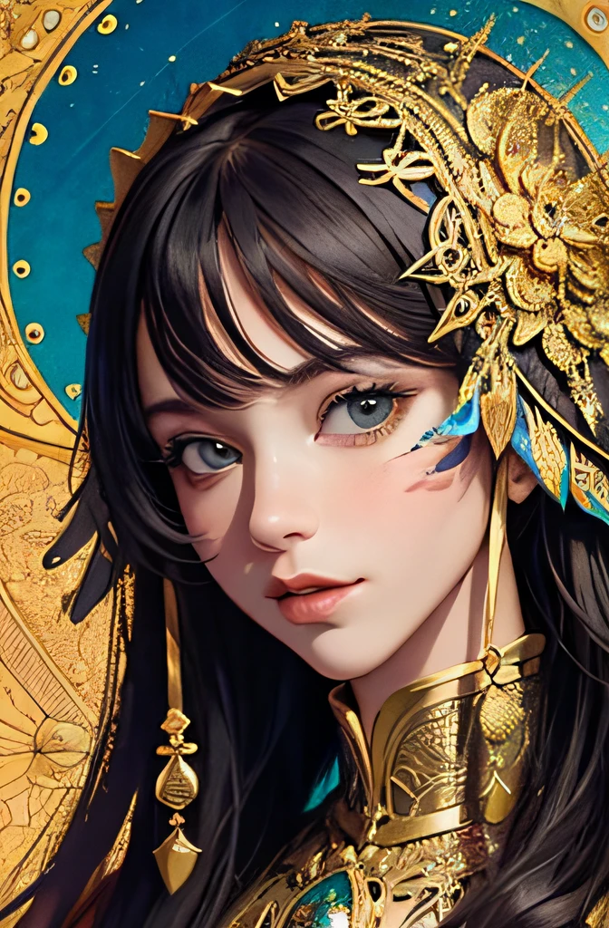 (masterpiece, top quality, best quality, official art, beautiful and aesthetic:1.2), (1girl), extreme detailed,colorful,highest detailed, official art, unity 8k wallpaper, ultra detailed, beautiful and aesthetic, beautiful, masterpiece, best quality, (zentangle, mandala, tangle, entangle) ,holy light,gold foil,gold leaf art,glitter drawing, PerfectNwsjMajic