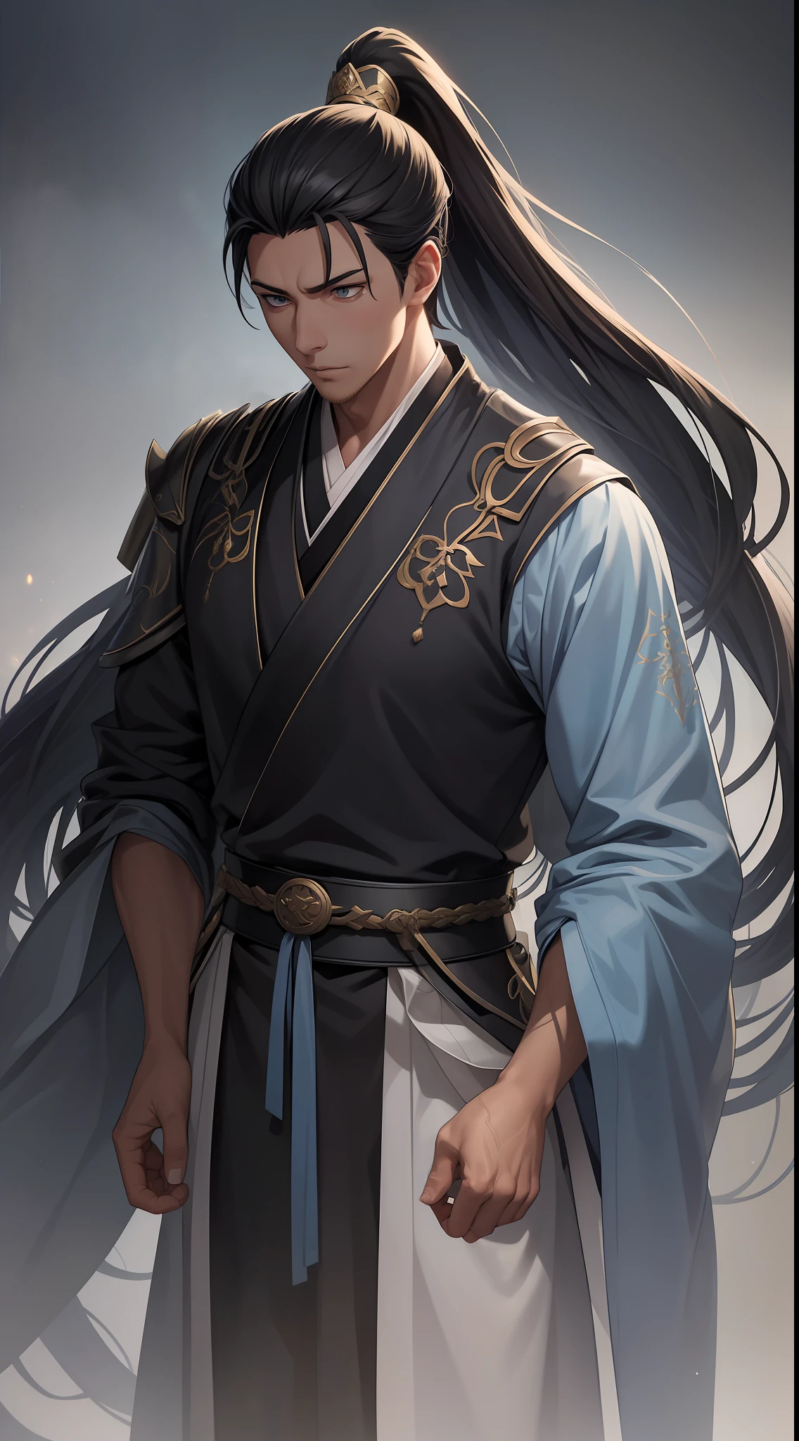quadratic element,style of anime,mtu(Male Warrior),The proportions are correct,Face details,swordsmen,High ponytail hairstyle,Neck details,There is an Adam's apple,Blue suit,kaftan,long blue robes,clothes details,Handing over,longer sleeves,Game quality,Swordsmanship,Light and shadow tracking,Ray traching,detailed glow,cg render,hair detail,Blue long hair,blue colored eyes,Handsome,Handsome,(juvenile sense),Clothing is complicated,Perfectcomposition,Refinement,high qulity,higher details,Lots of details,The background is complex,a sense of atmosphere,
