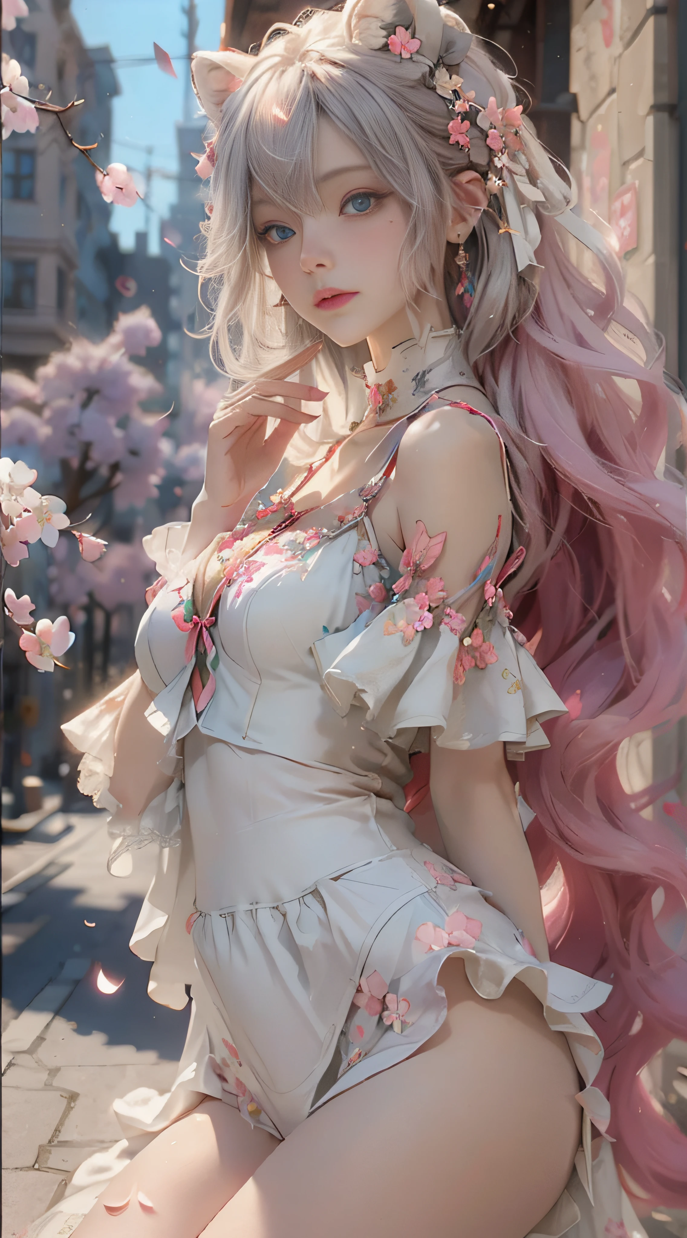 ((best qualtiy)), ((tmasterpiece)), (detail:1.4), Beautiful cyberpunk female images,hdr(HighDynamicRange),Ray traching,NVIDIA RTX,Hyper-Resolution,illusory 5,sub surface scattering,PBR textures,post-proces,Anisotropy Filtering,depth of fields,maximum definition and sharpness,Many-Layer Textures,Albedo e mapas Speculares,Surface coloring,Mitsu-Accurate simulation of material interactions,perfectly proportioned,rendering by octane,Two-colored light,largeaperture,Low ISO,White balance,Rule three points、8K raw data、Beautiful bright blue pupils,off-the-shoulder clothes,Fine pupils,Delicate face and eyes,long eyelasher,Blushlush,Delicate and fluffy hair,pink lip,Pure,Cute face,Sweet girl,Artistic sense,Casual wear,Advancedsense,butterflys,Cherry blossom petal,Beautiful hair accessories,Long hair and waist,Hair fluttering in the wind,Snow-white fox ears,curlies,Snow-white fluffy tail,Positive light,The light from the back window is backlighted