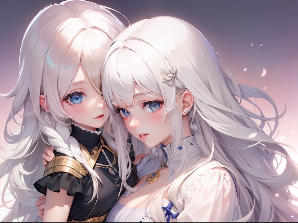 Best quality, tmasterpiece, A mother leaves behind her daughter's hand, This mother has flowing white hair, Tall and tall, This daughter is a 5--old l, Short white hair, eBlue eyes