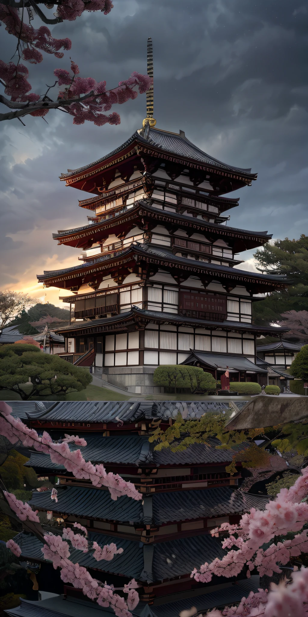 masterpiece、top-quality、hightquality、the Extremely Detailed CG Unity 8K Wallpapers、Warring states period Inside the Japan Castle、outside of house、Skysky、clouds、natta、No humans、mont、jpn, moonlights, cinemagraph, landscapes, Eau, The tree, dark sky, falls, cliff, naturey, lake, a river, cloudy ash sky, awardwinning photo, bokeh dof, depth of fields, HDR, Bloom, chromatic abberation, Photorealsitic, ighly detailed, Trending on ArtStation, CGsociety Trends、Complex and、In detail、Dramatic and、halfway art