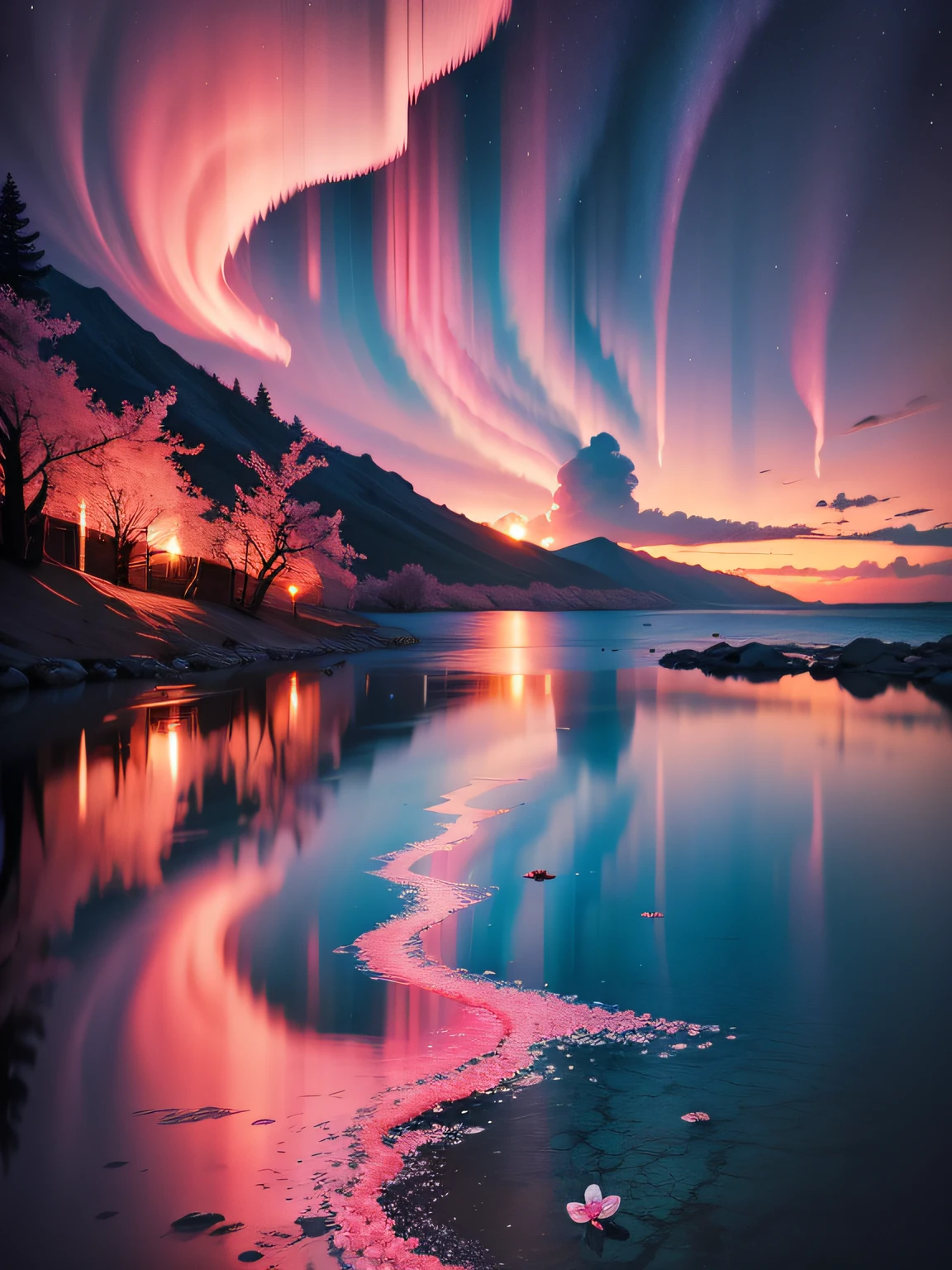 Blue cherry blossoms,Pink aurora,Red sea