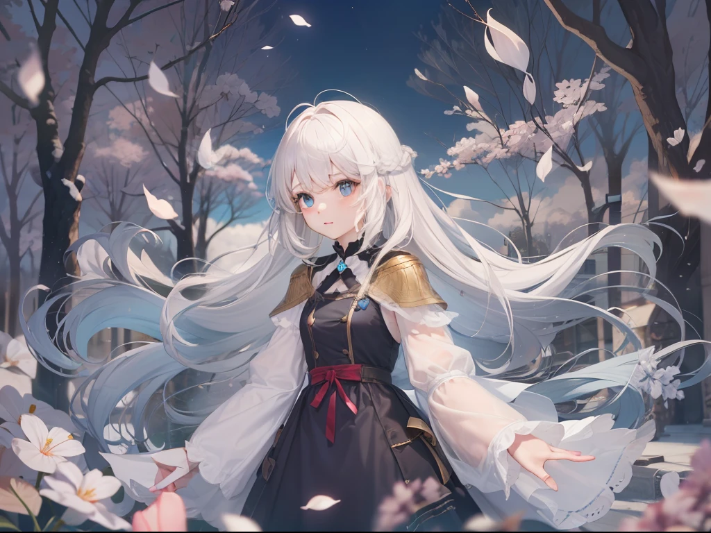 Best quality, tmasterpiece, A mother leaves behind her daughter's hand, This mother has flowing white hair, Tall and tall, This daughter is a 5-year-old girl, Short white hair, eBlue eyes