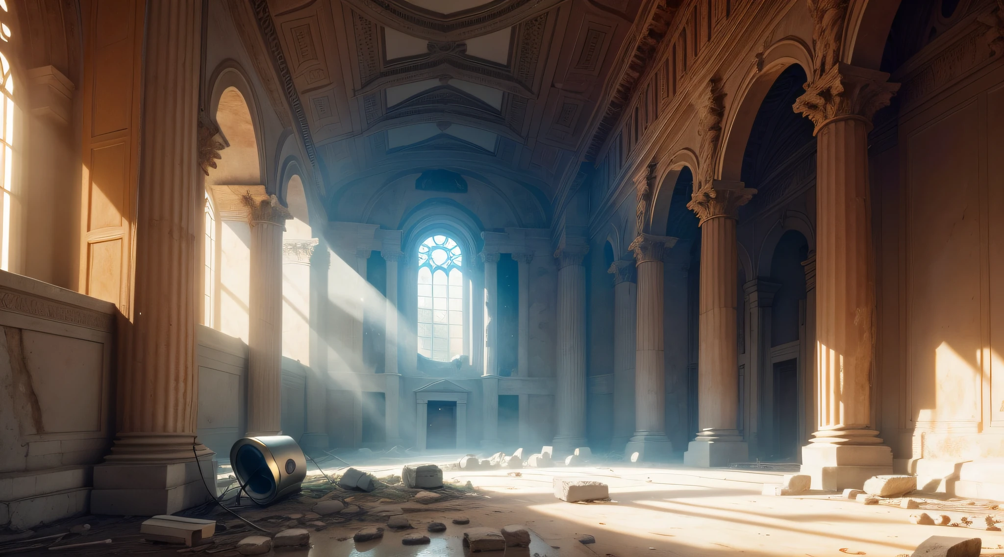 The great main hall within Mount Olympus is in ruins. It is an old stone room, iluminado por raios de luz que entram na sala. The atmosphere is typical of Greek mythology, com colunas e paredes de pedra. The room is empty. The air in the room is calm and quiet. The only sound is the sound of the wind blowing through the speakers. A luz do sol entra na sala em paredes irregulares, criando sombras e luzes em movimento nas paredes. The room is full of history. It was the home of the Greek gods for centuries and witnessed many important events. Now it's in ruins, But it's still a place of beauty and power.