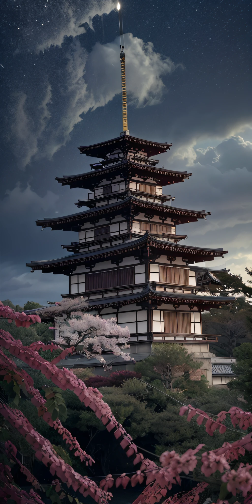 masterpiece、top-quality、hightquality、the Extremely Detailed CG Unity 8K Wallpapers、Warring states period Inside the Japan Castle、outside of house、Skysky、clouds、natta、No humans、mont、jpn, moonlights, cinemagraph, landscapes, Eau, The tree, dark sky, falls, cliff, naturey, lake, a river, cloudy ash sky, awardwinning photo, bokeh dof, depth of fields, HDR, Bloom, chromatic abberation, Photorealsitic, ighly detailed, Trending on ArtStation, CGsociety Trends、Complex and、In detail、Dramatic and、halfway art