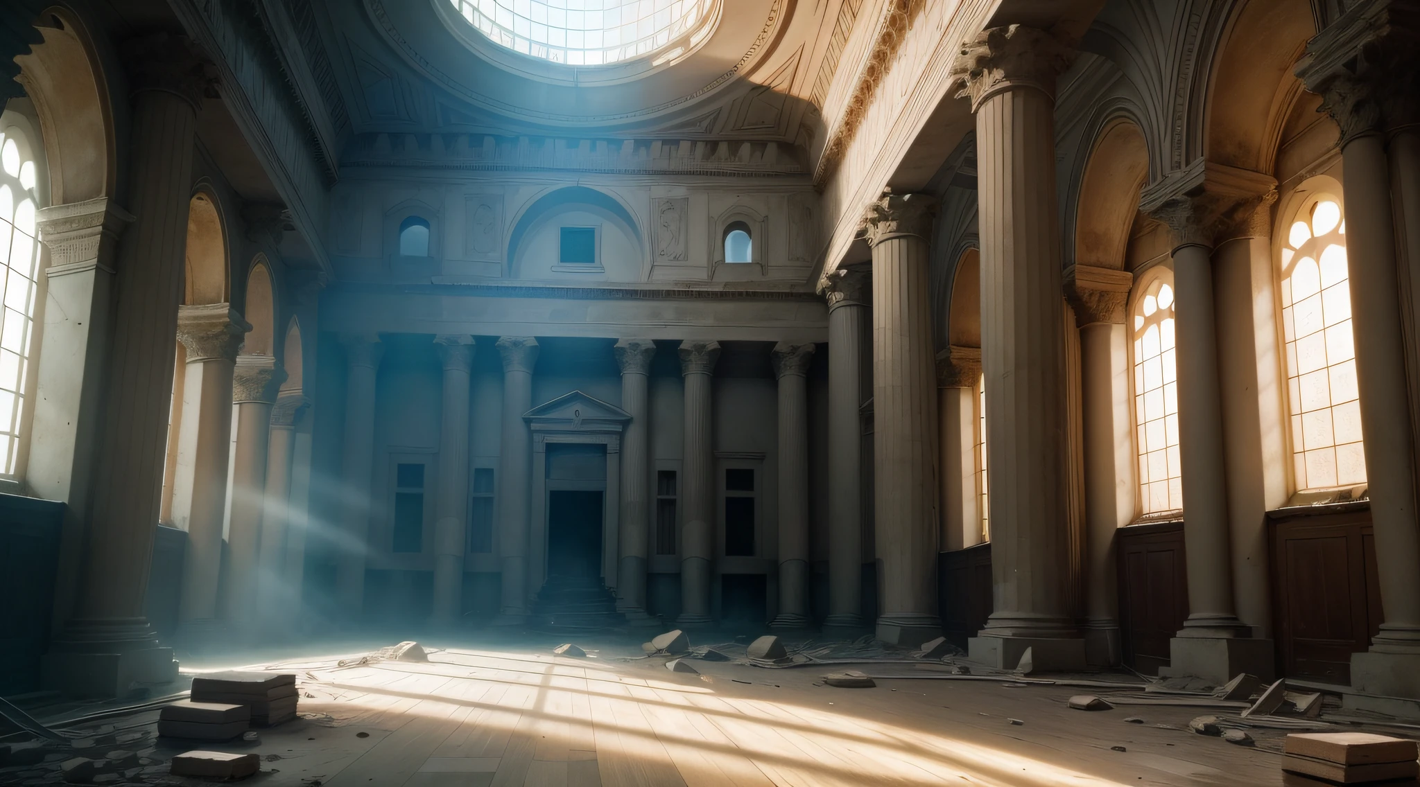The great main hall within Mount Olympus is in ruins. It is an old stone room, iluminado por raios de luz que entram na sala. The atmosphere is typical of Greek mythology, com colunas e paredes de pedra. The room is empty. The air in the room is calm and quiet. The only sound is the sound of the wind blowing through the speakers. A luz do sol entra na sala em paredes irregulares, criando sombras e luzes em movimento nas paredes. The room is full of history. It was the home of the Greek gods for centuries and witnessed many important events. Now it's in ruins, But it's still a place of beauty and power.