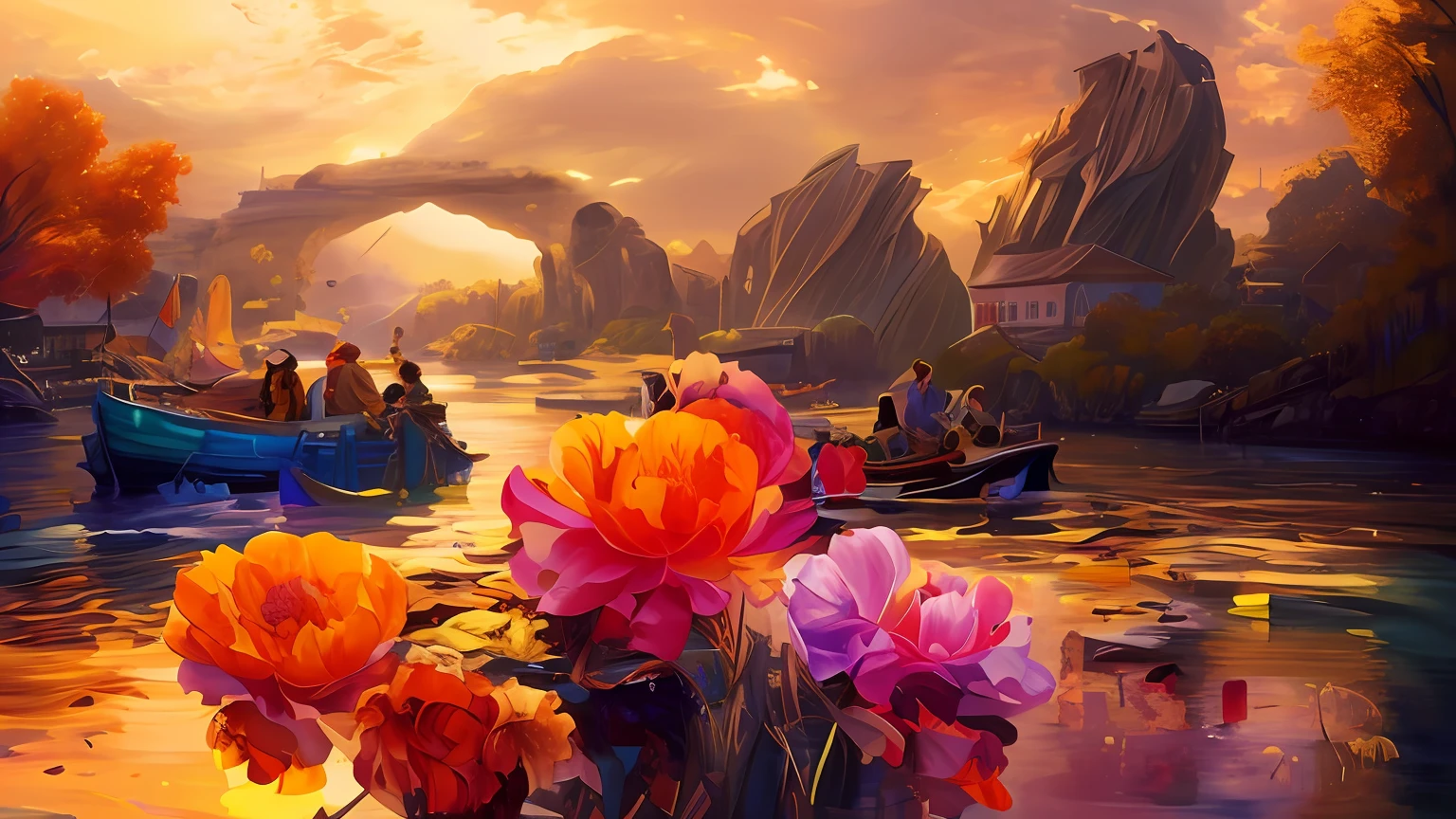 Paint river scenes,There are boats and people on it, Beautiful art UHD 4 K, 4k highly detailed digital art, 8K stunning artwork, Detailed painting 4 K, 4K detailed digital art, 4k hd matte digital painting, 4k digital painting, 4 k digital painting, beautiful digital painting, Beautiful digital artwork, 8K high quality detailed art