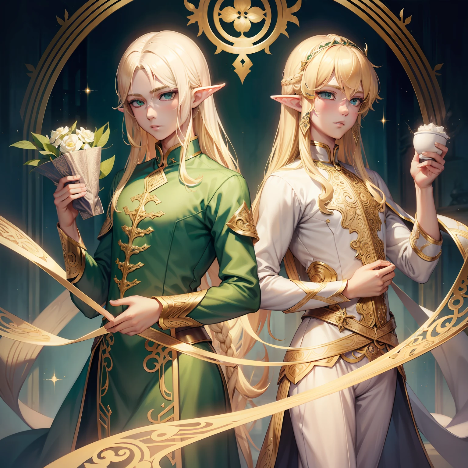 filigree,realisticlying,1boy ,独奏,Long blonde hair,Green eyes,elf prince,Delicate facial features,
